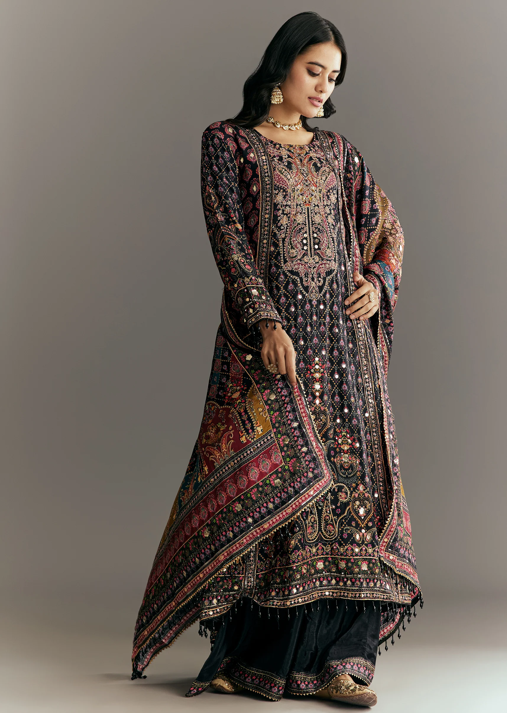 Black Tabby Silk Zari Embroidered Kurta Palazzo With Printed Dupatta - Image 3