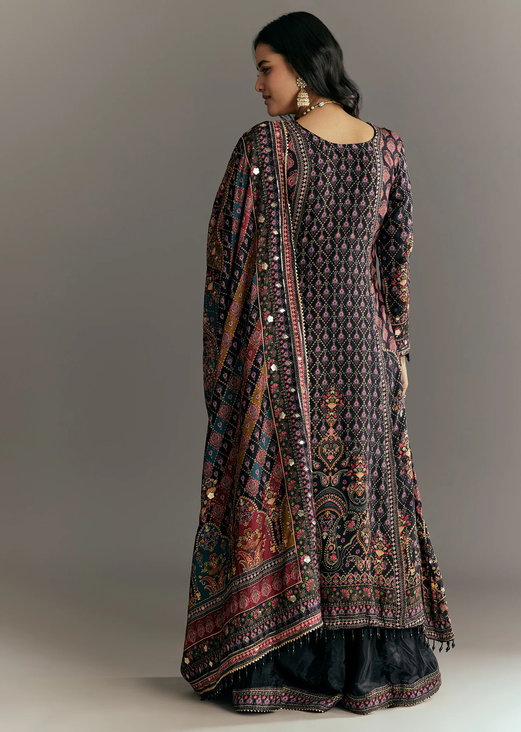 Black Tabby Silk Zari Embroidered Kurta Palazzo With Printed Dupatta - Image 5