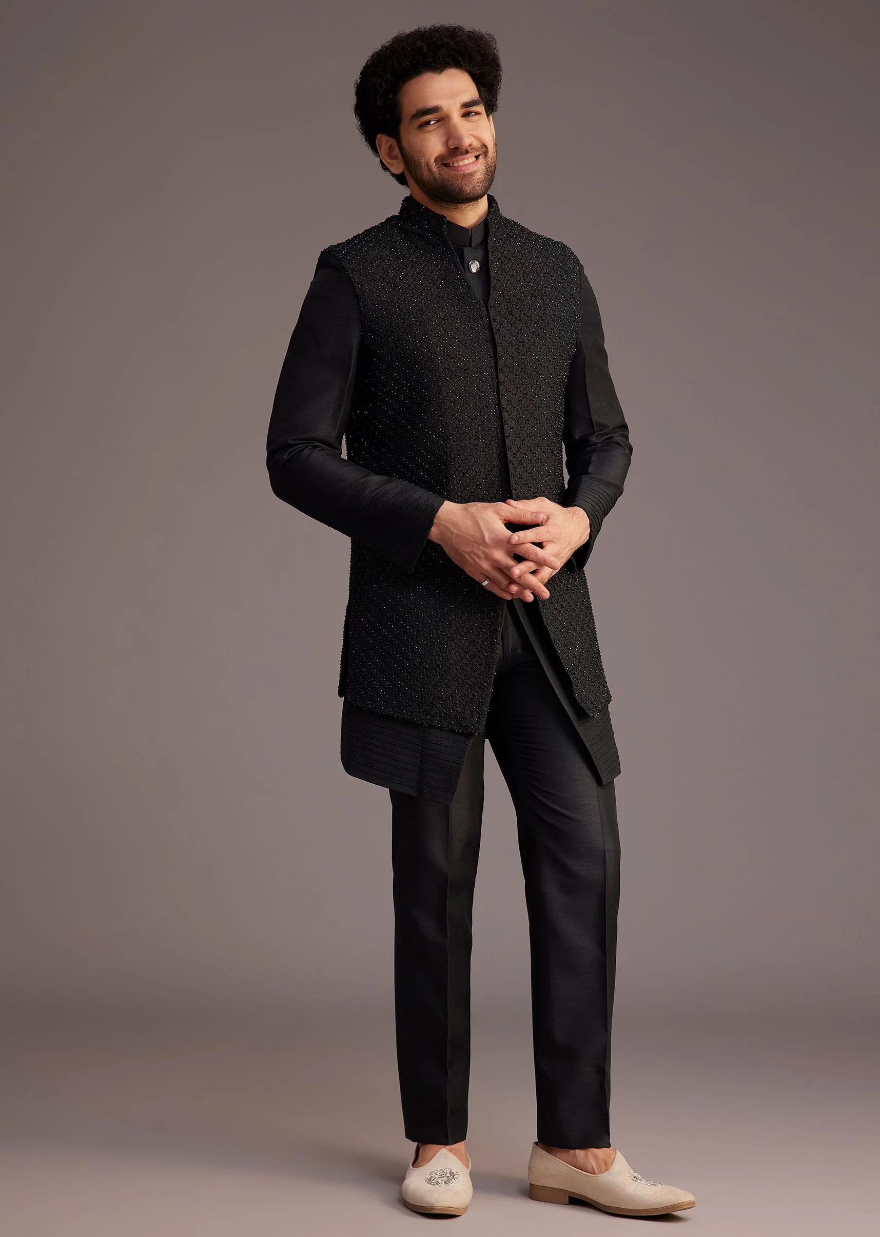 Black Textured Bandhgala With Embellished Full Sleeve Jacket