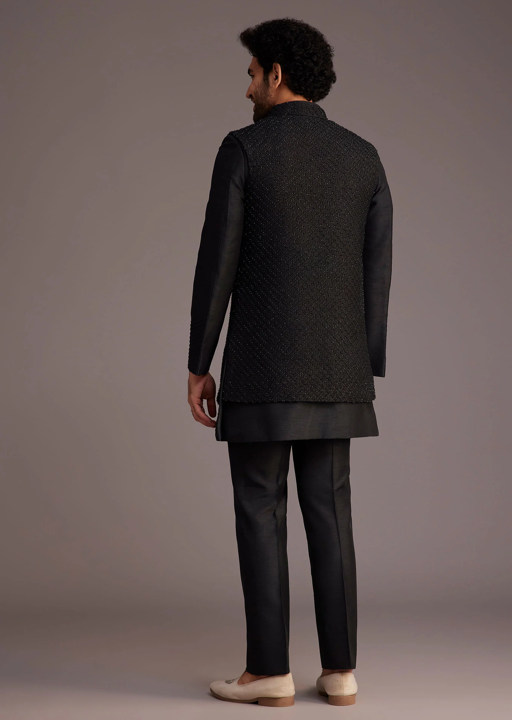 Black Textured Bandhgala With Embellished Full Sleeve Jacket - Image 6