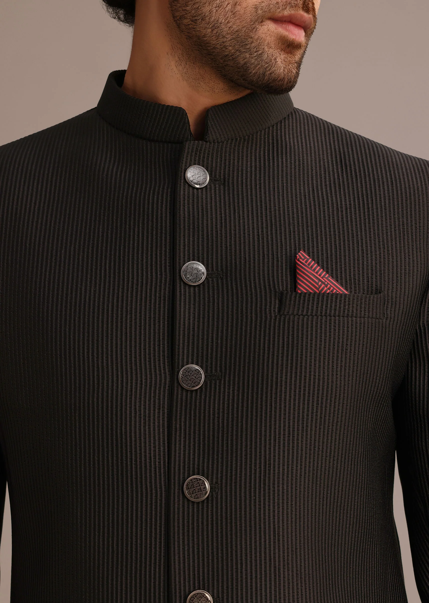 Black Textured Sherwani Set With Mandarin Collar - Image 2