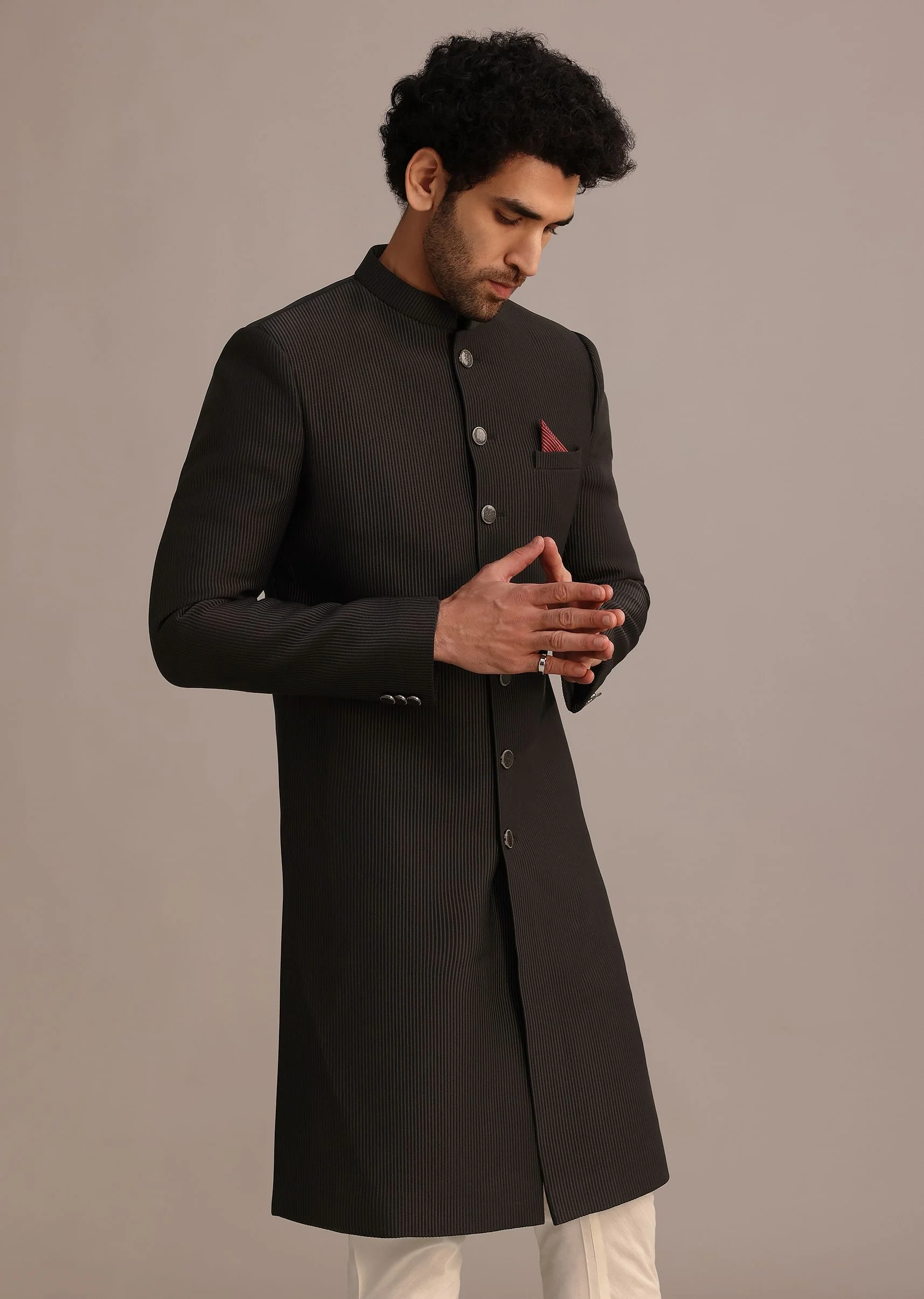 Black Textured Sherwani Set With Mandarin Collar - Image 4