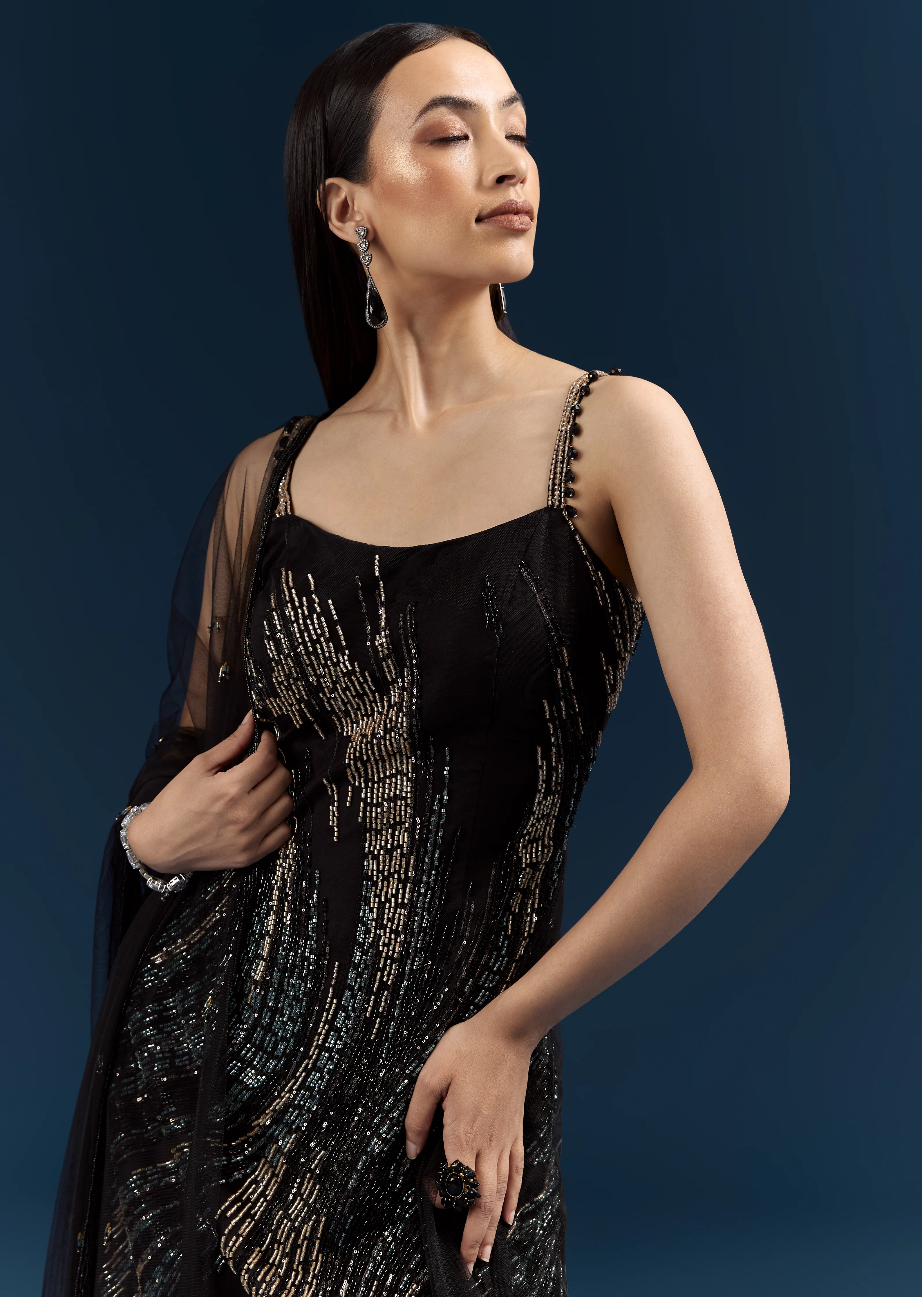 Black Tie Evening Glamour Couple Set – Black Sequins Sharara Suit with Cutdana Embroidery for Her And Black Jacquard Indo-Western Set with Embroidered Stole for Him - Image 4
