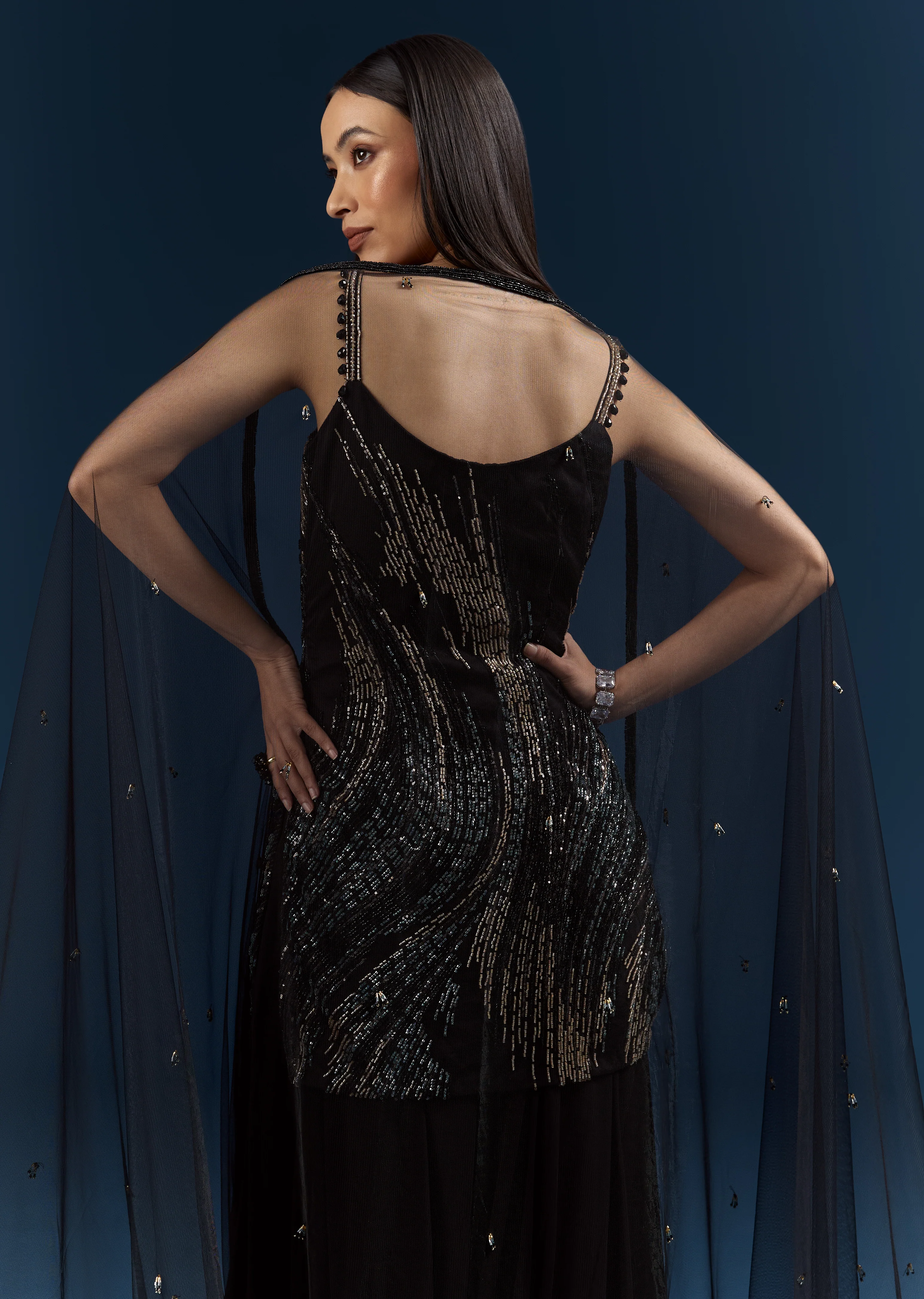 Black Tie Evening Glamour Couple Set – Black Sequins Sharara Suit with Cutdana Embroidery for Her And Black Jacquard Indo-Western Set with Embroidered Stole for Him - Image 6