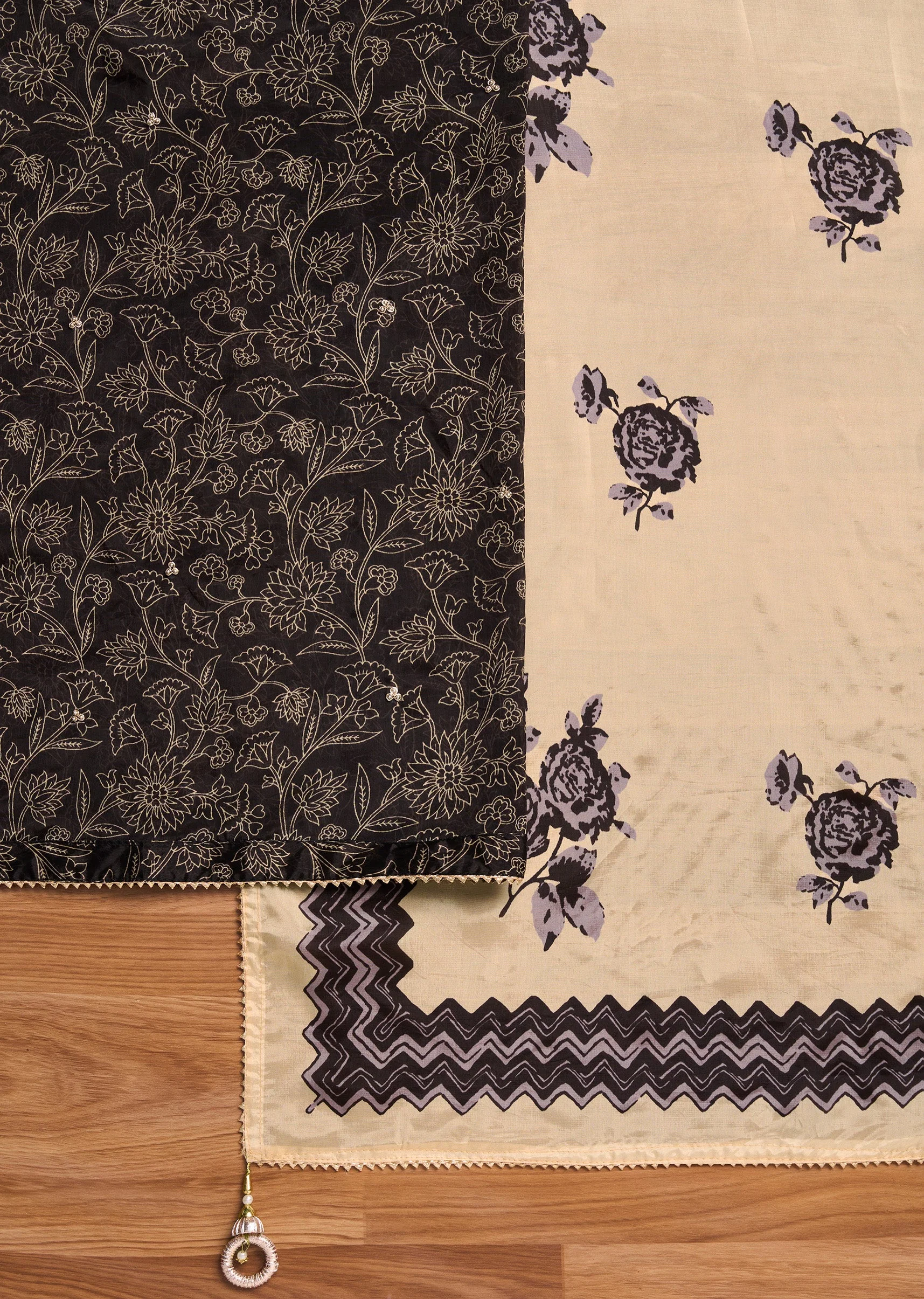 Black Tissue Printed Unstitched Suit Set - Image 3