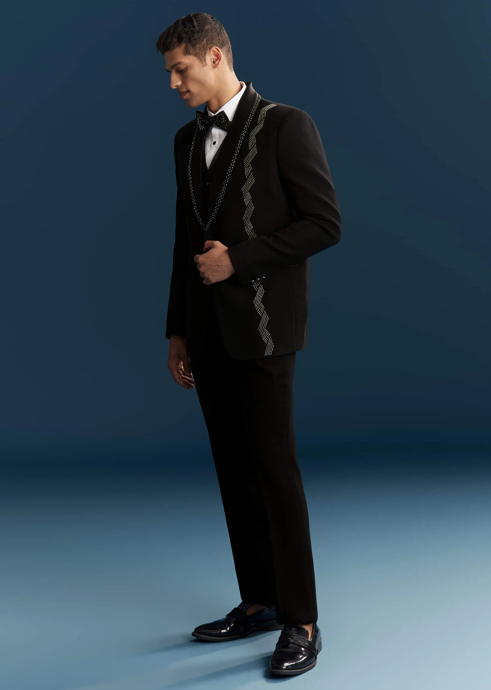 Black Tuxedo For Men With Cutdana Embroidery - Image 3