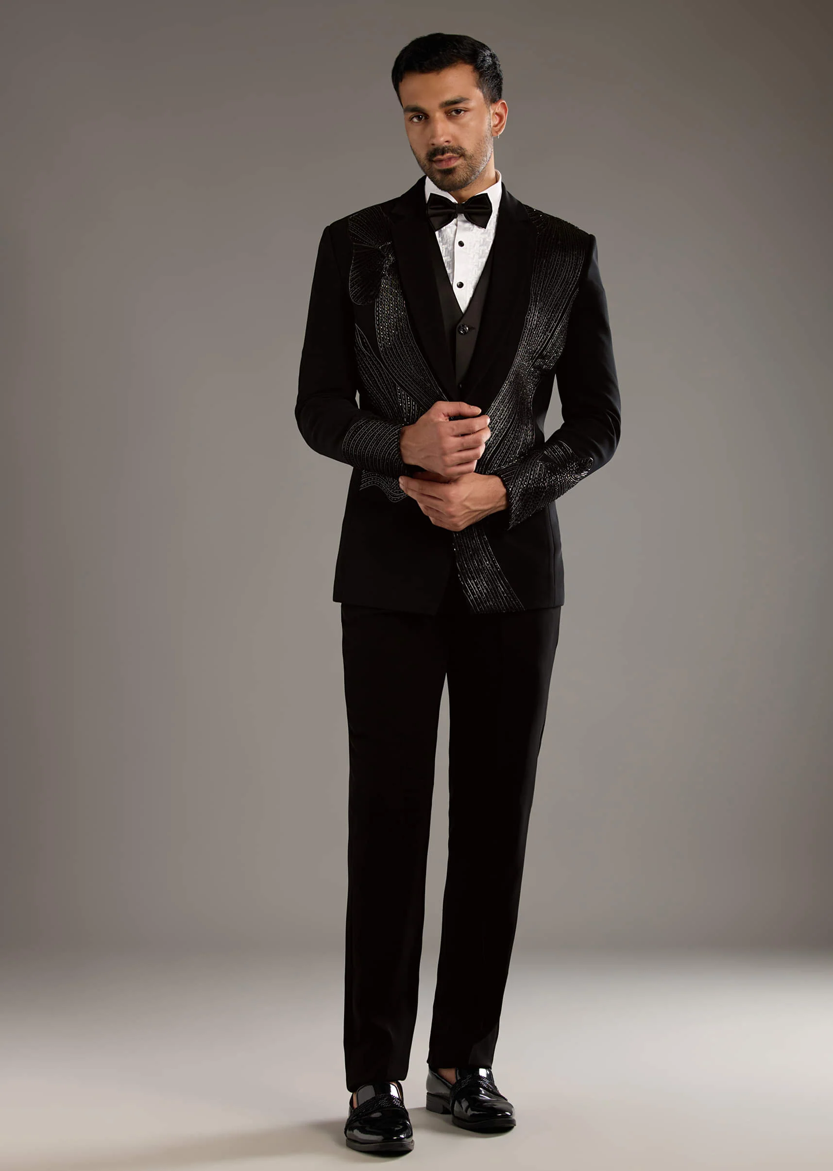 Black Tuxedo For Men With Leather And Dori Work - Image 3