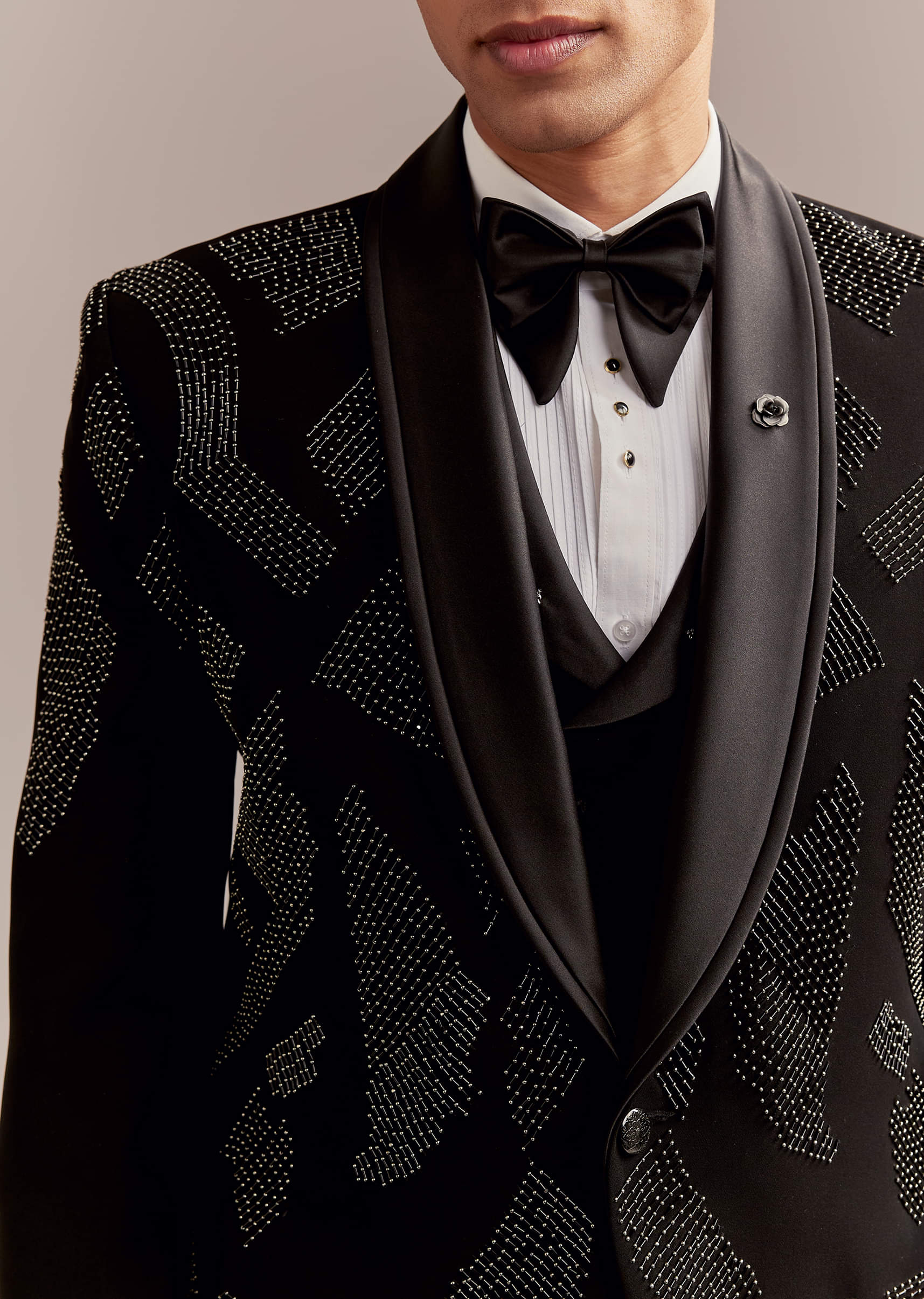 Black Tuxedo For Men With Modern Geometric Beadwork - Image 2