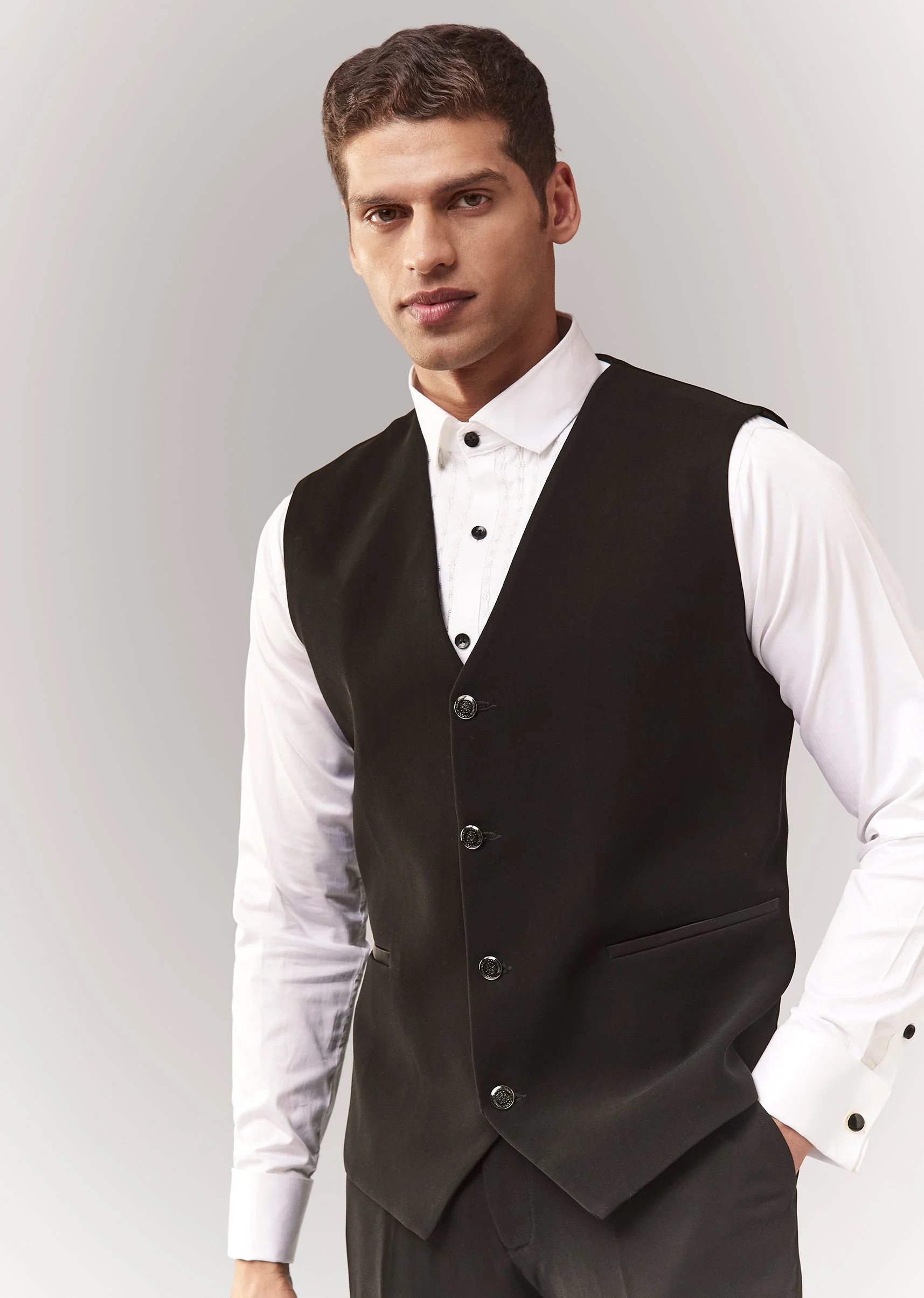 Black Tuxedo Set With Waistcoat And Cutdana Work - Image 6