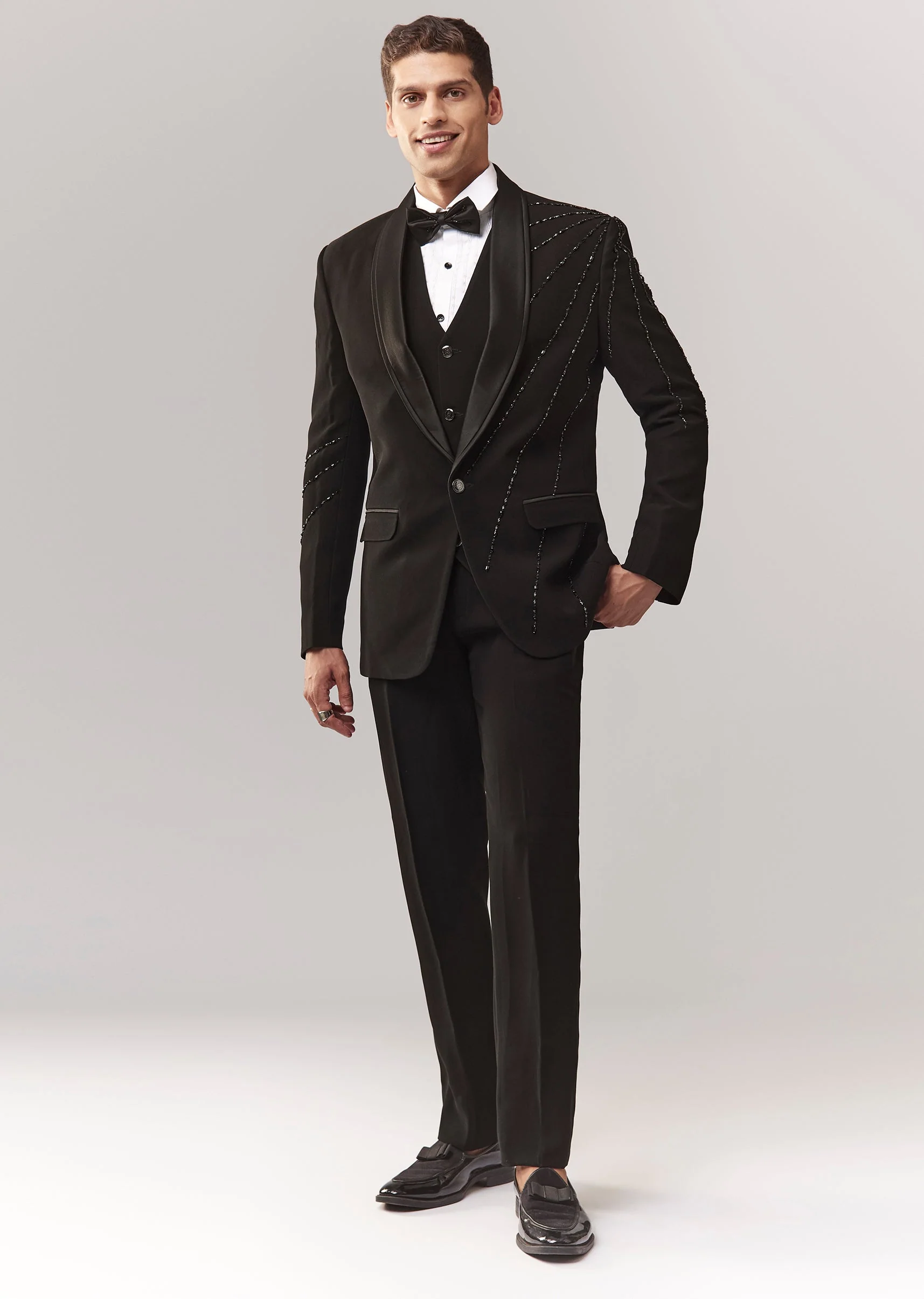 Black Tuxedo Set With Waistcoat Cutdana And Stone Work - Image 3