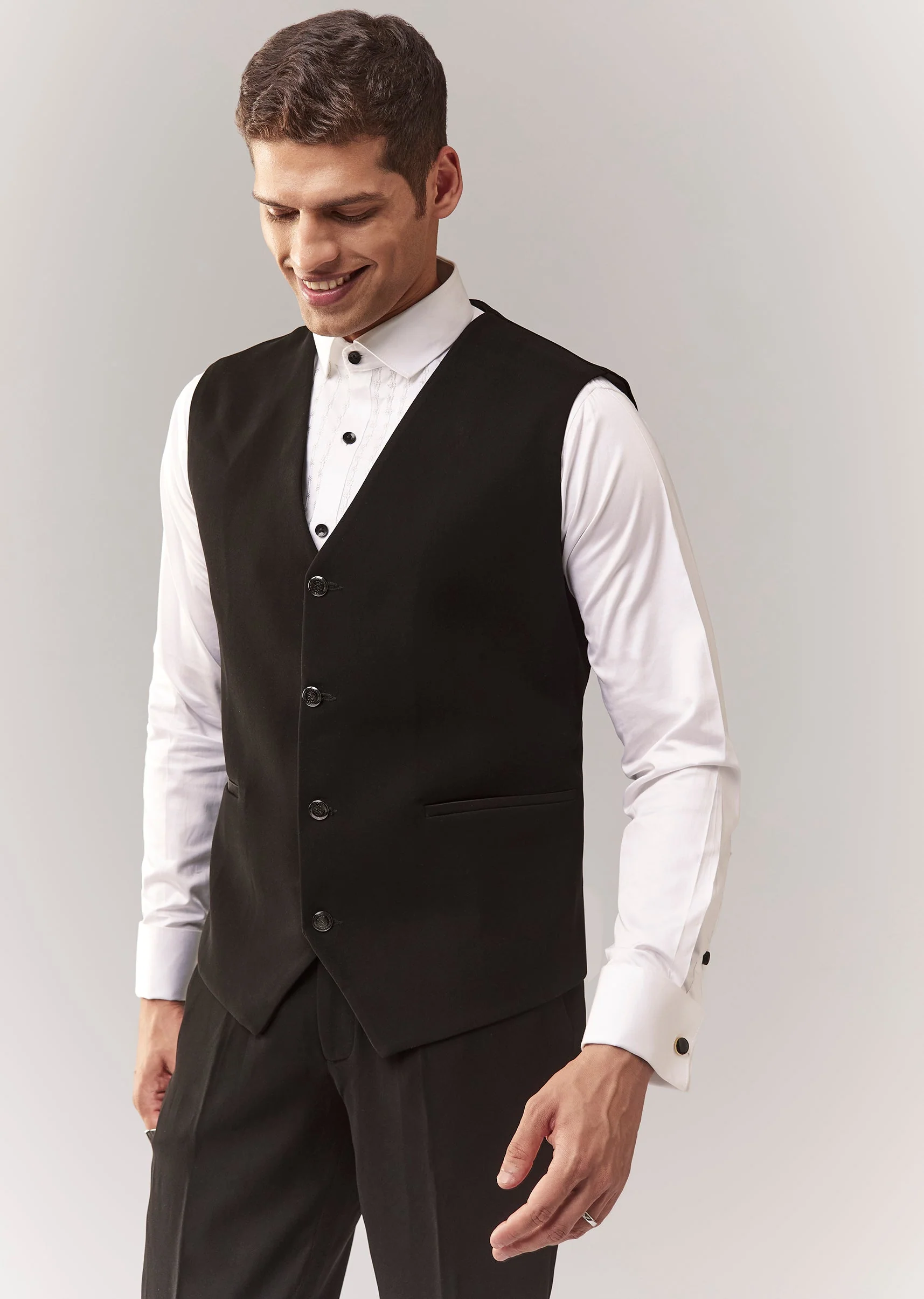 Black Tuxedo Set With Waistcoat Cutdana And Stone Work - Image 5
