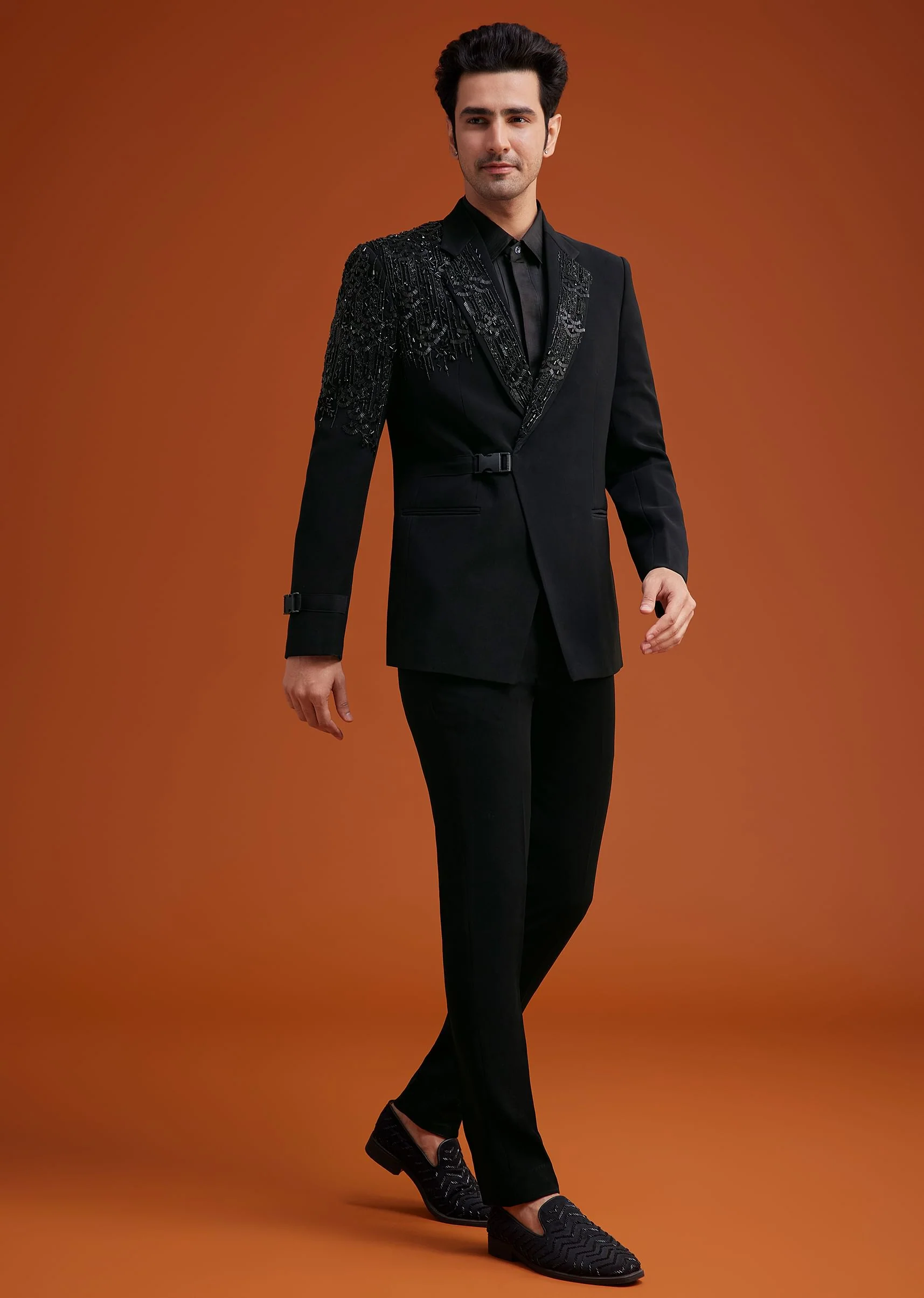 Black Tuxedo With Asymmetric Beaded Embellishments - Image 2