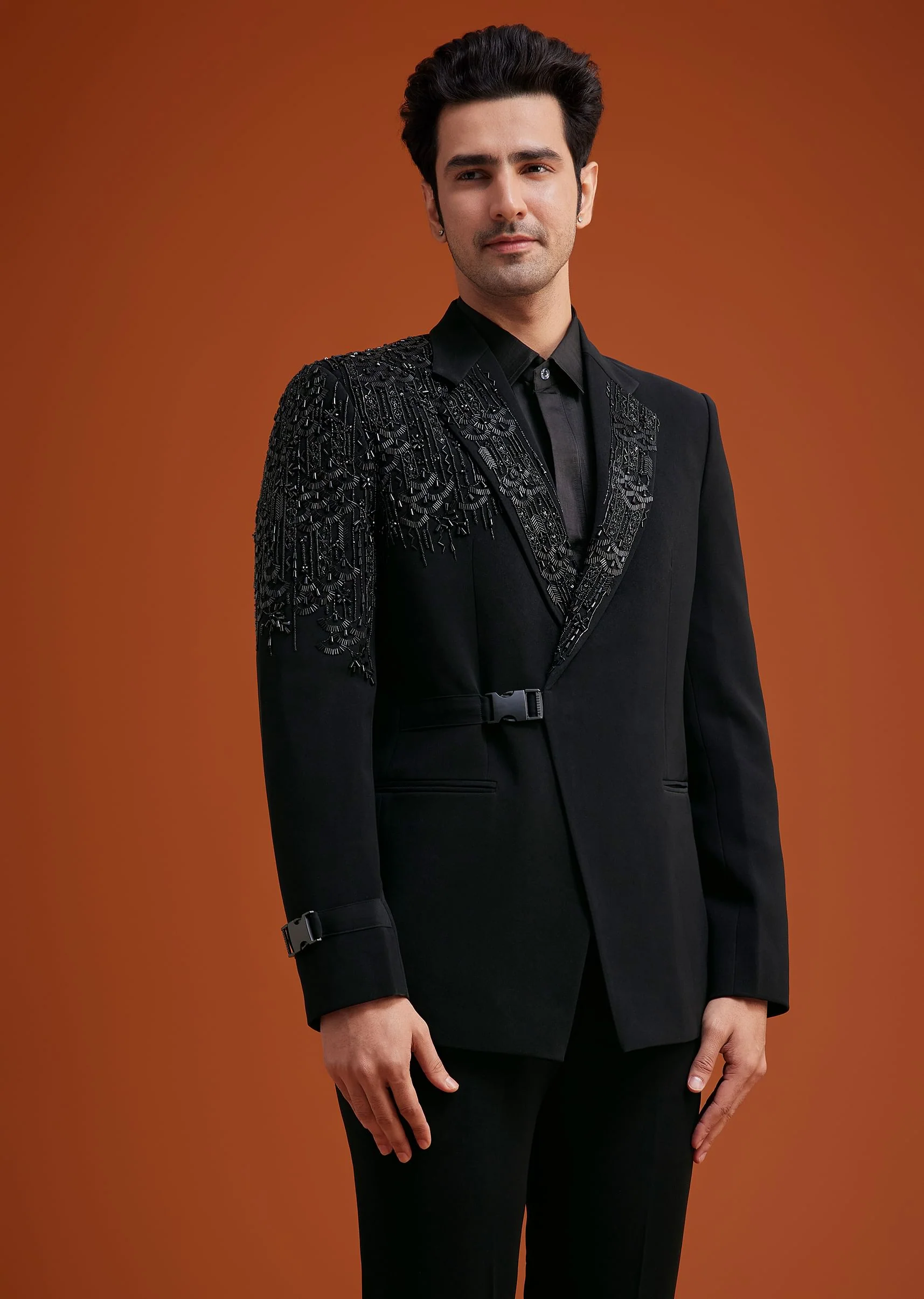 Black Tuxedo With Asymmetric Beaded Embellishments - Image 3