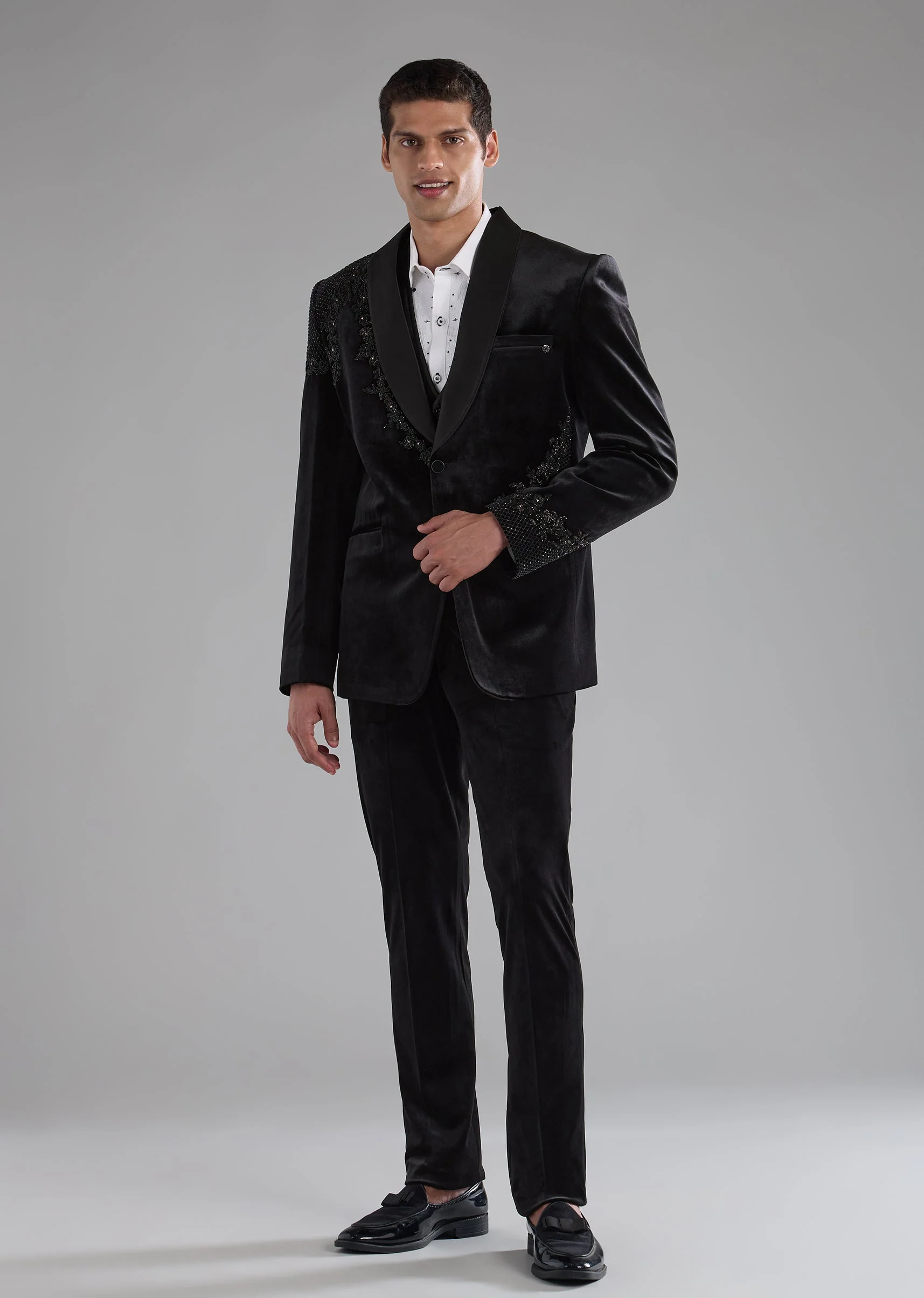 Black Velvet Bead Embellished Tuxedo and Bow Set - Image 2