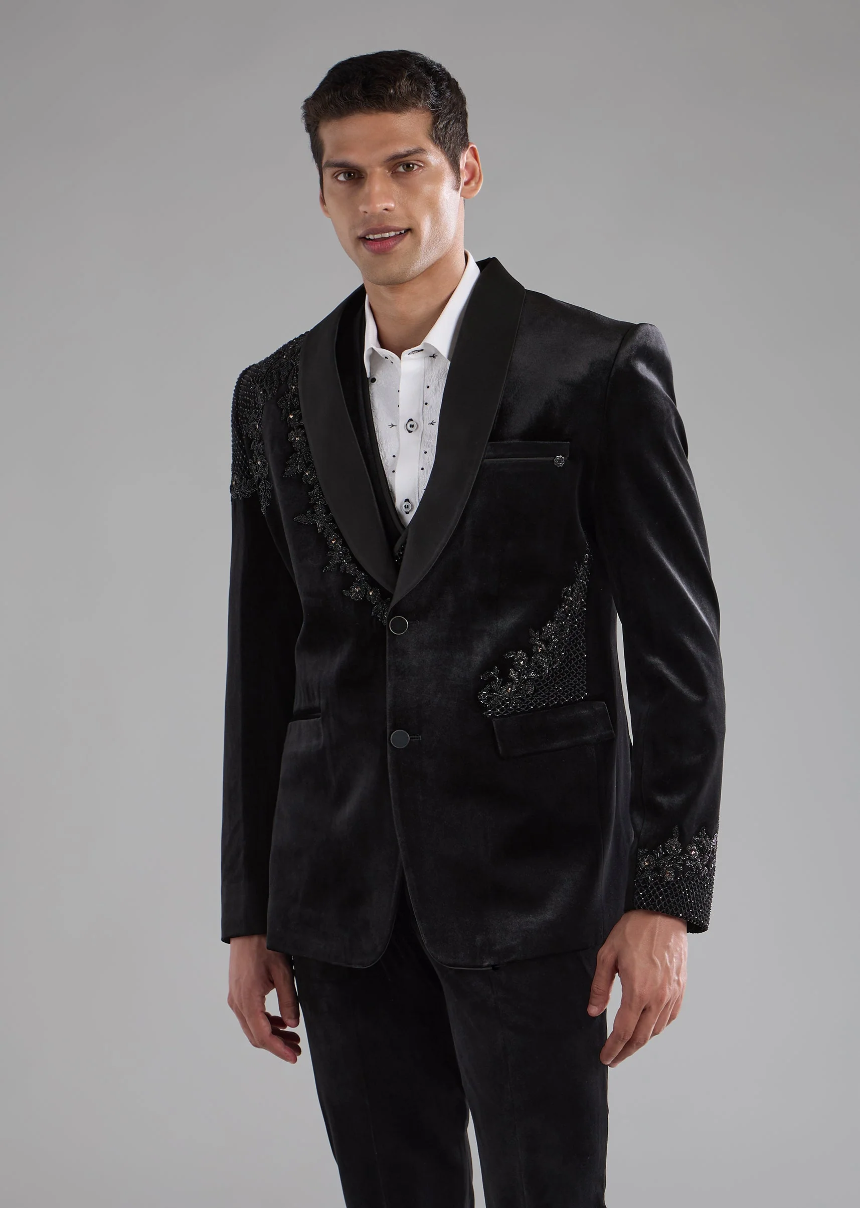 Black Velvet Bead Embellished Tuxedo and Bow Set - Image 3