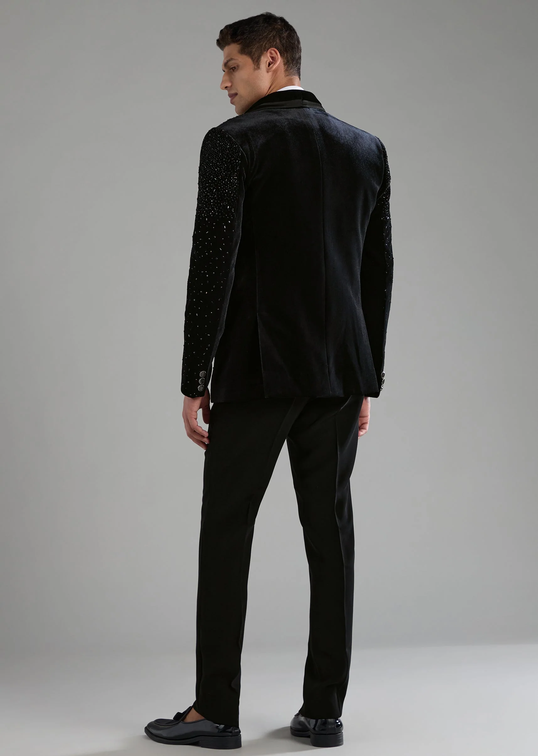 Black Velvet Embellished Tuxedo Set with Bow Tie - Image 5