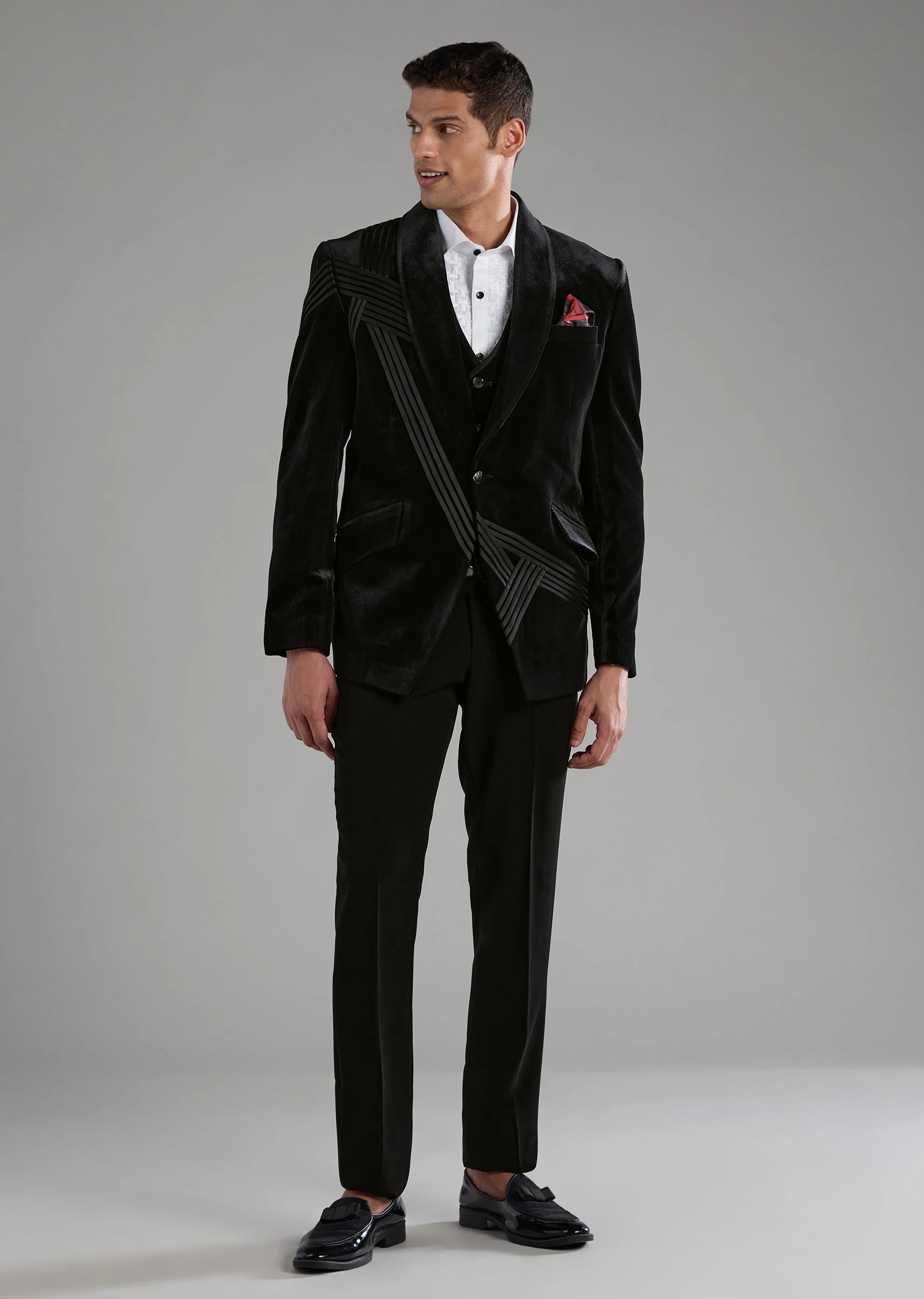 Black Velvet Embellished Tuxedo, Shirt Set with Bow Tie - Image 2