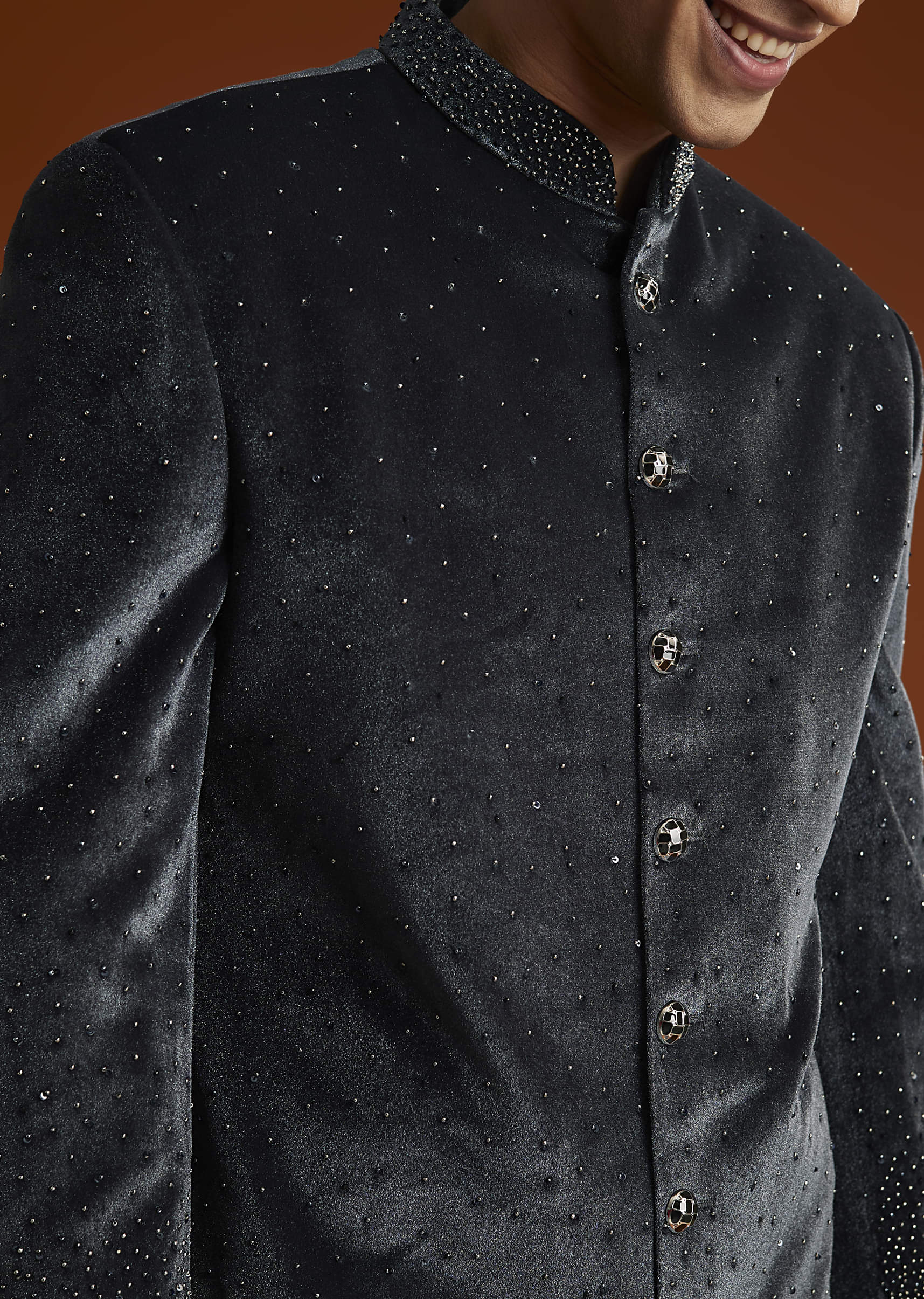 Black Velvet Indo Western Set For Men With Stone Work - Image 2