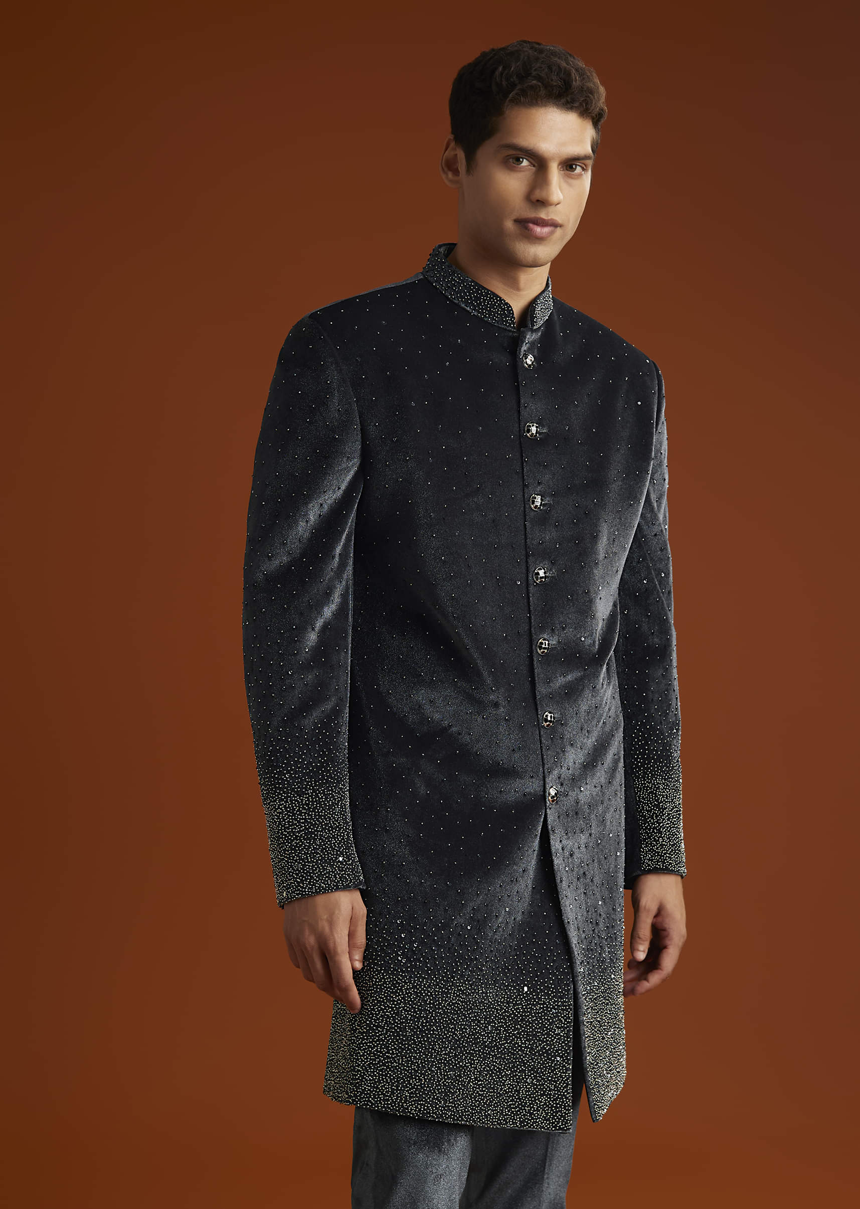 Black Velvet Indo Western Set For Men With Stone Work - Image 4