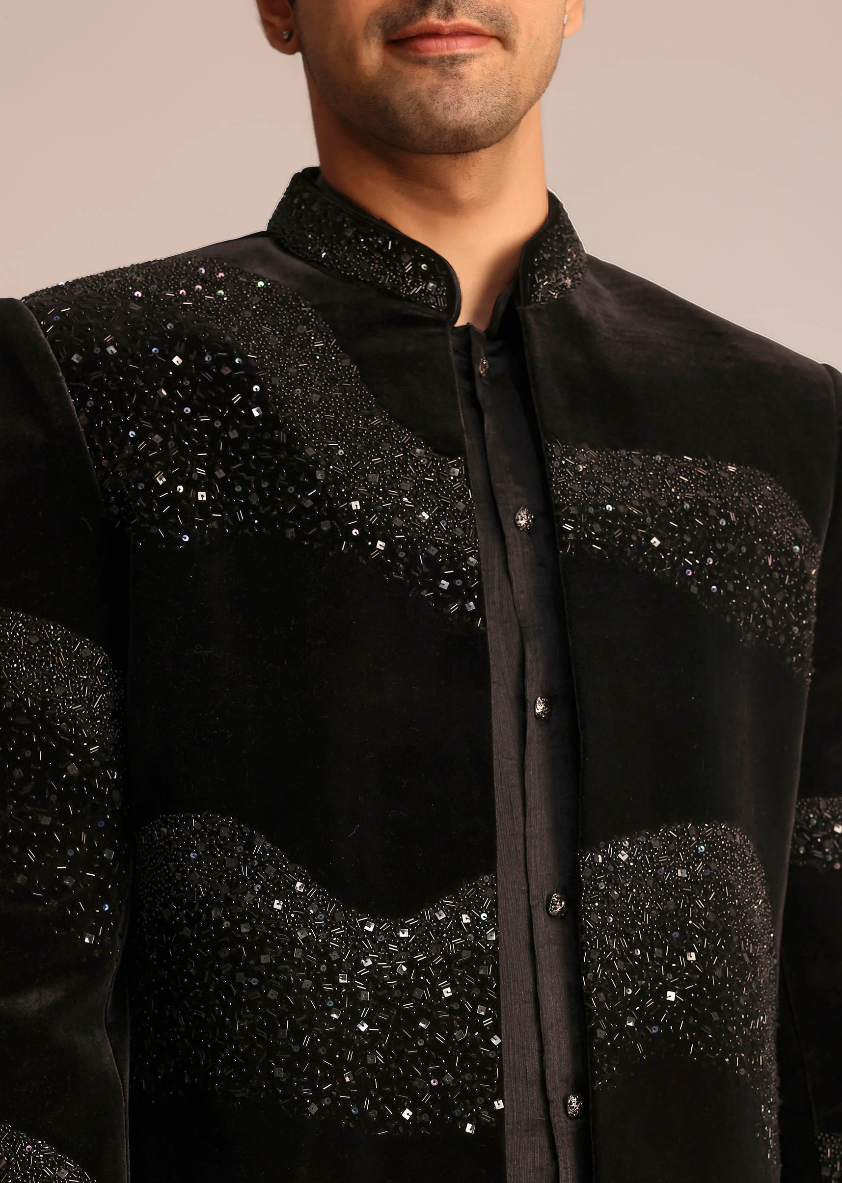 Black Velvet Indo Western Set With Zardosi Detailing