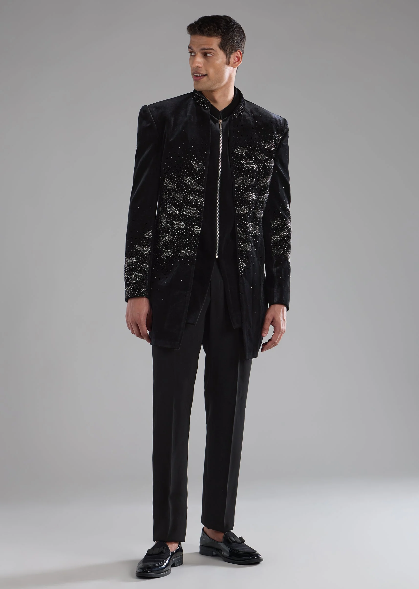 Black Velvet Indowestern Jacket Set with Bead Work - Image 2