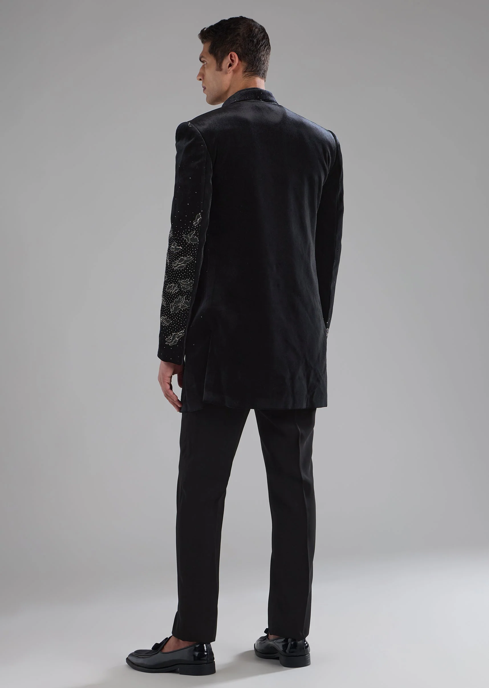 Black Velvet Indowestern Jacket Set with Bead Work - Image 5