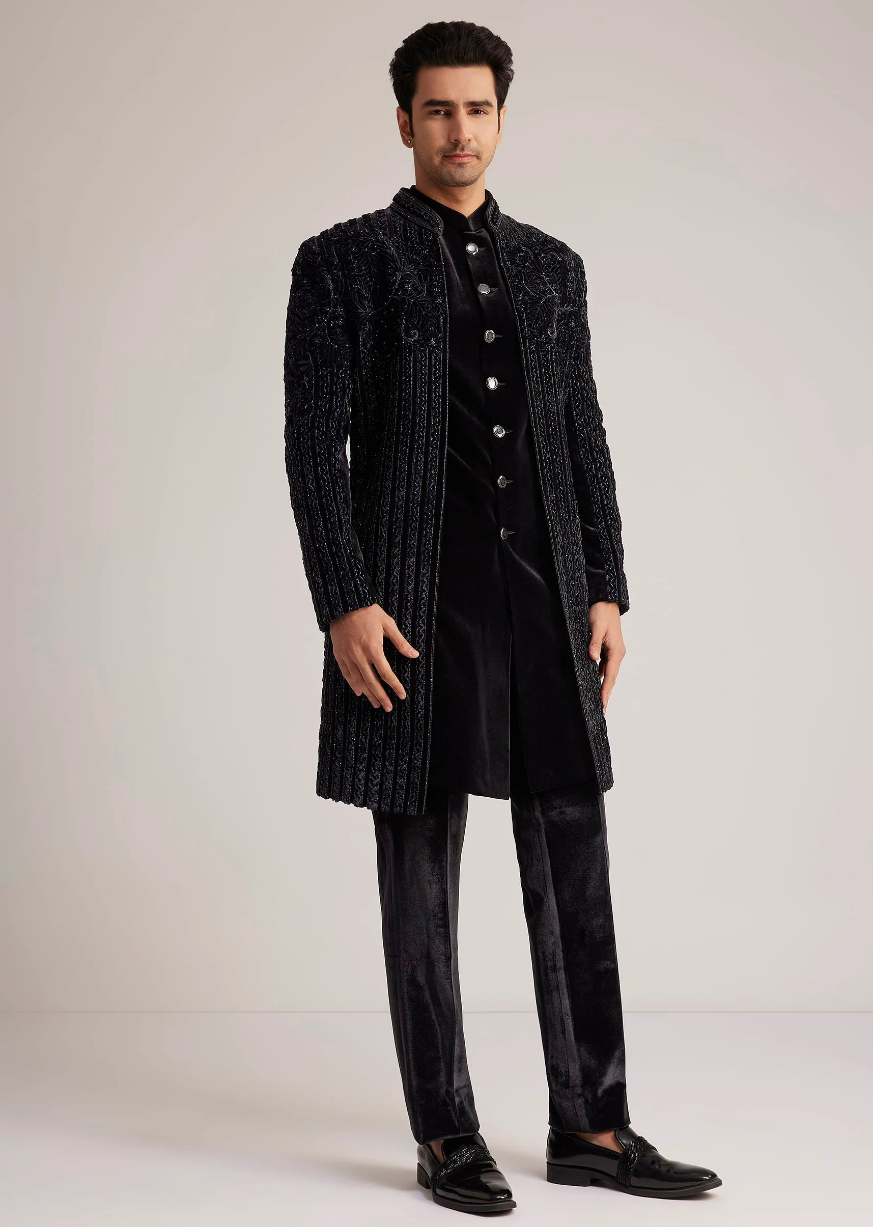Black Velvet Indowestern Set With Cut Dana Embellishment