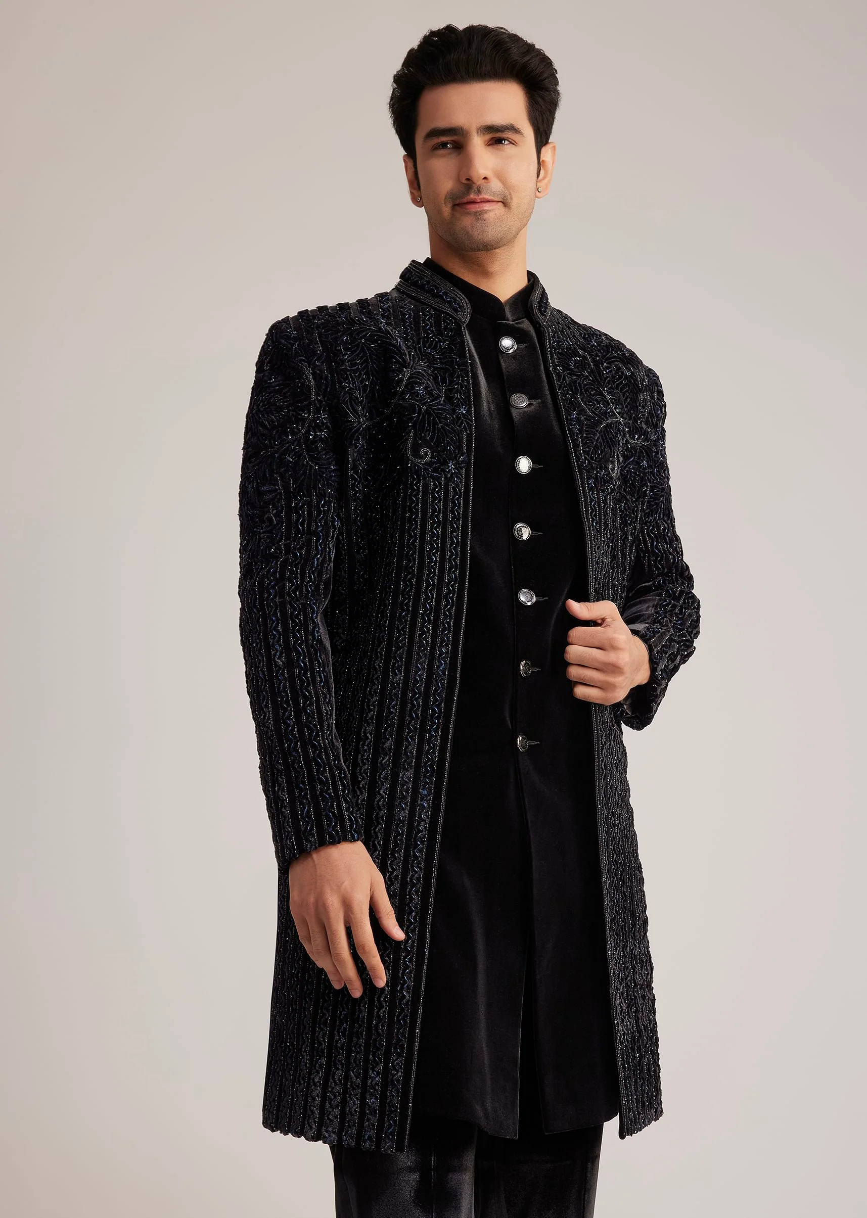 Black Velvet Indowestern Set With Cut Dana Embellishment - Image 2