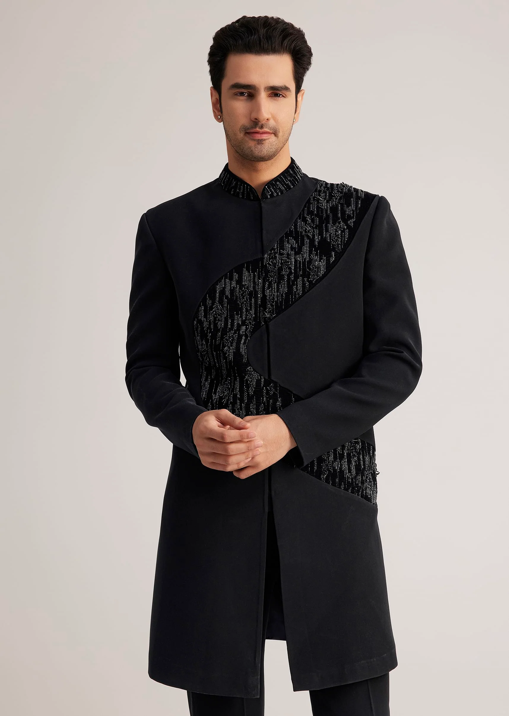 Black Velvet Indowestern Set With Cut Work Embroidery - Image 3
