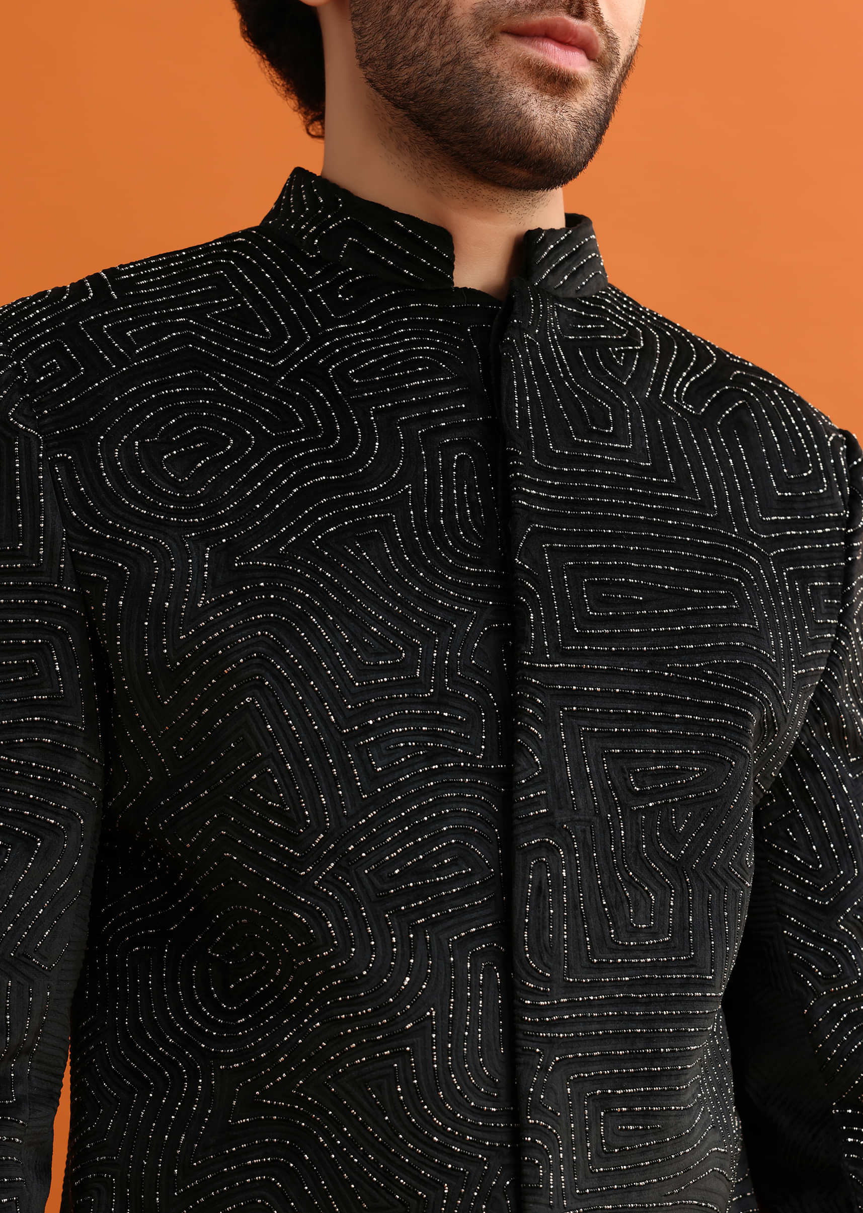 Black Velvet Indowestern Set With Hand Work For Men - Image 2