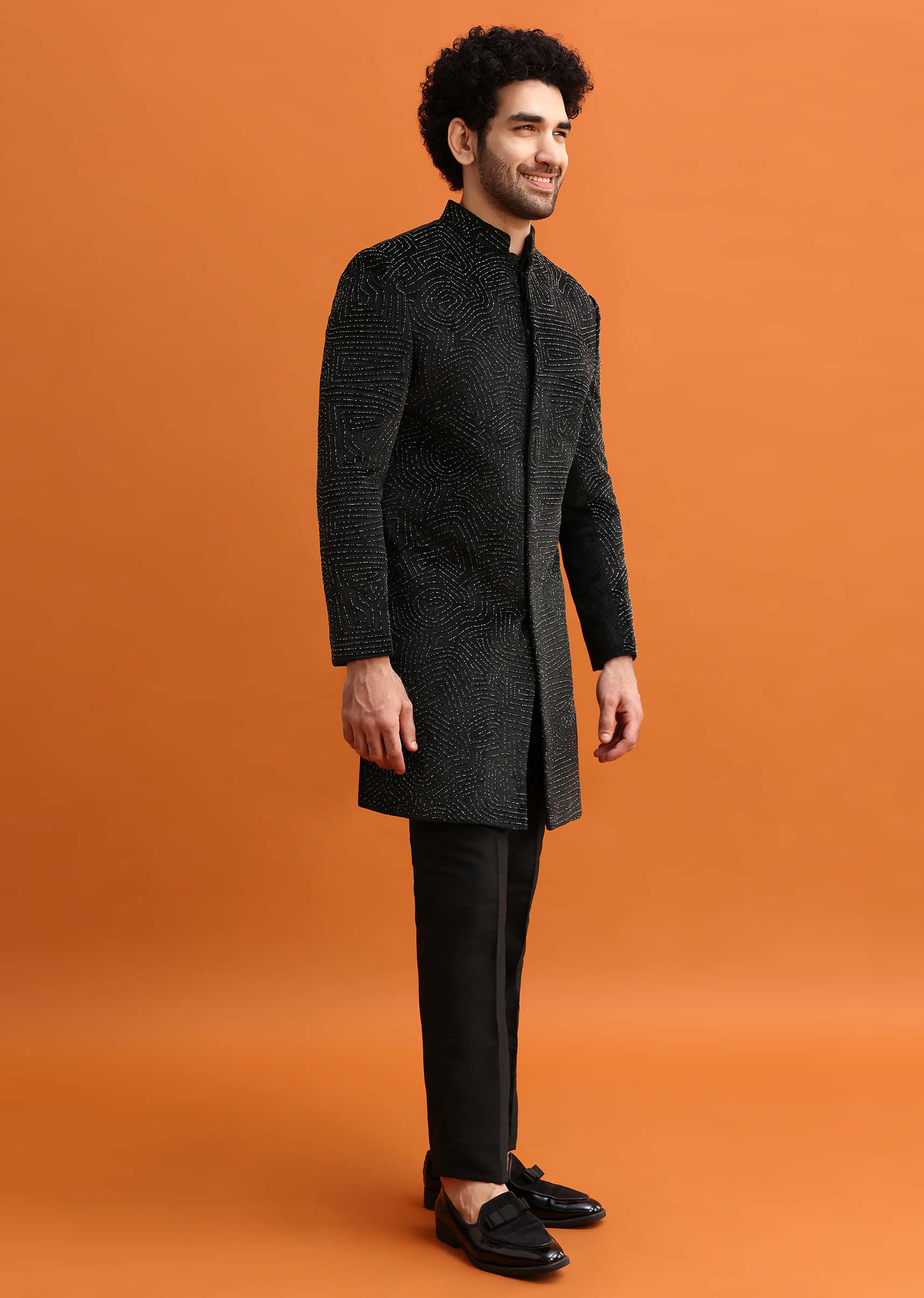 Black Velvet Indowestern Set With Hand Work For Men - Image 3