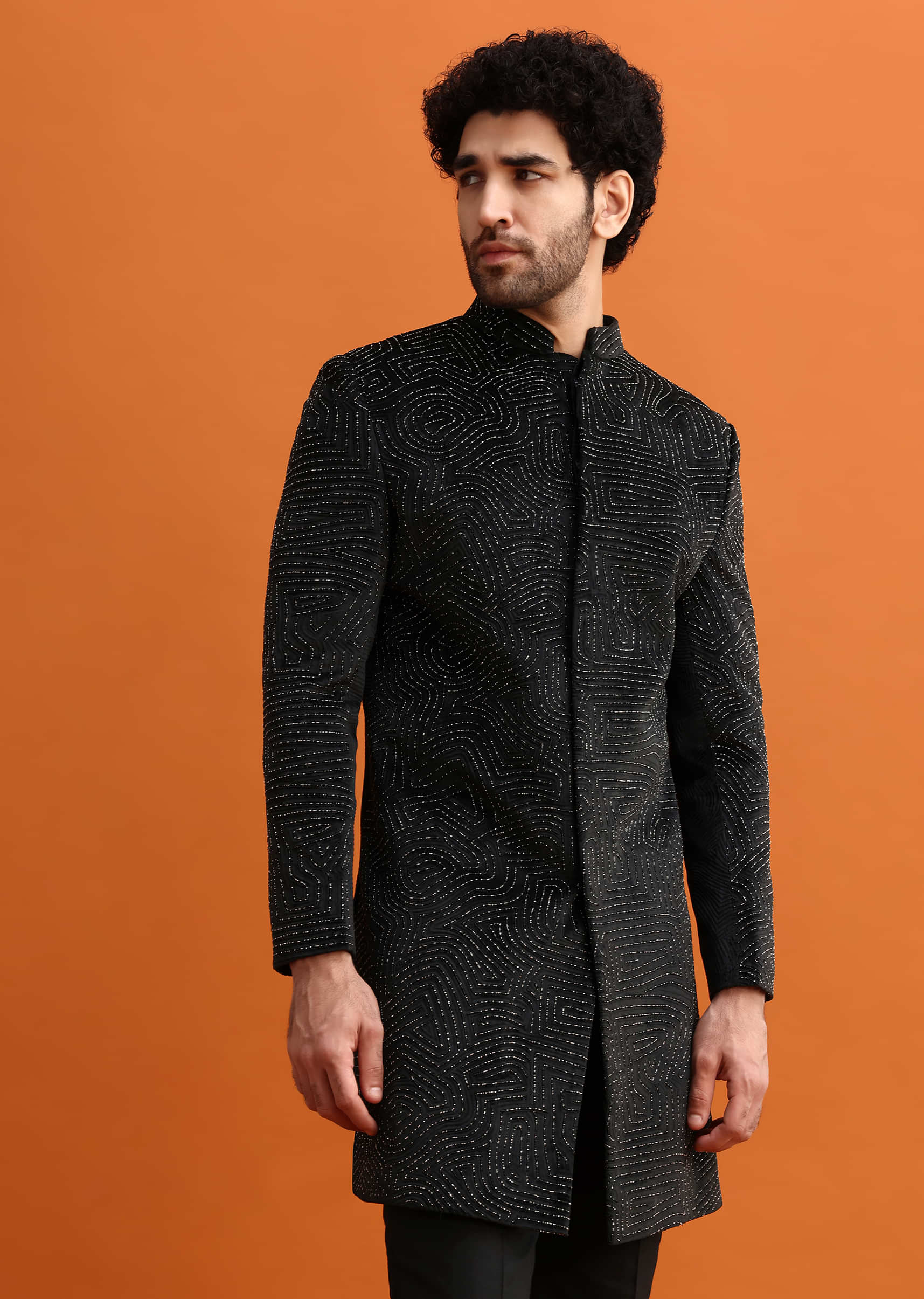 Black Velvet Indowestern Set With Hand Work For Men - Image 4