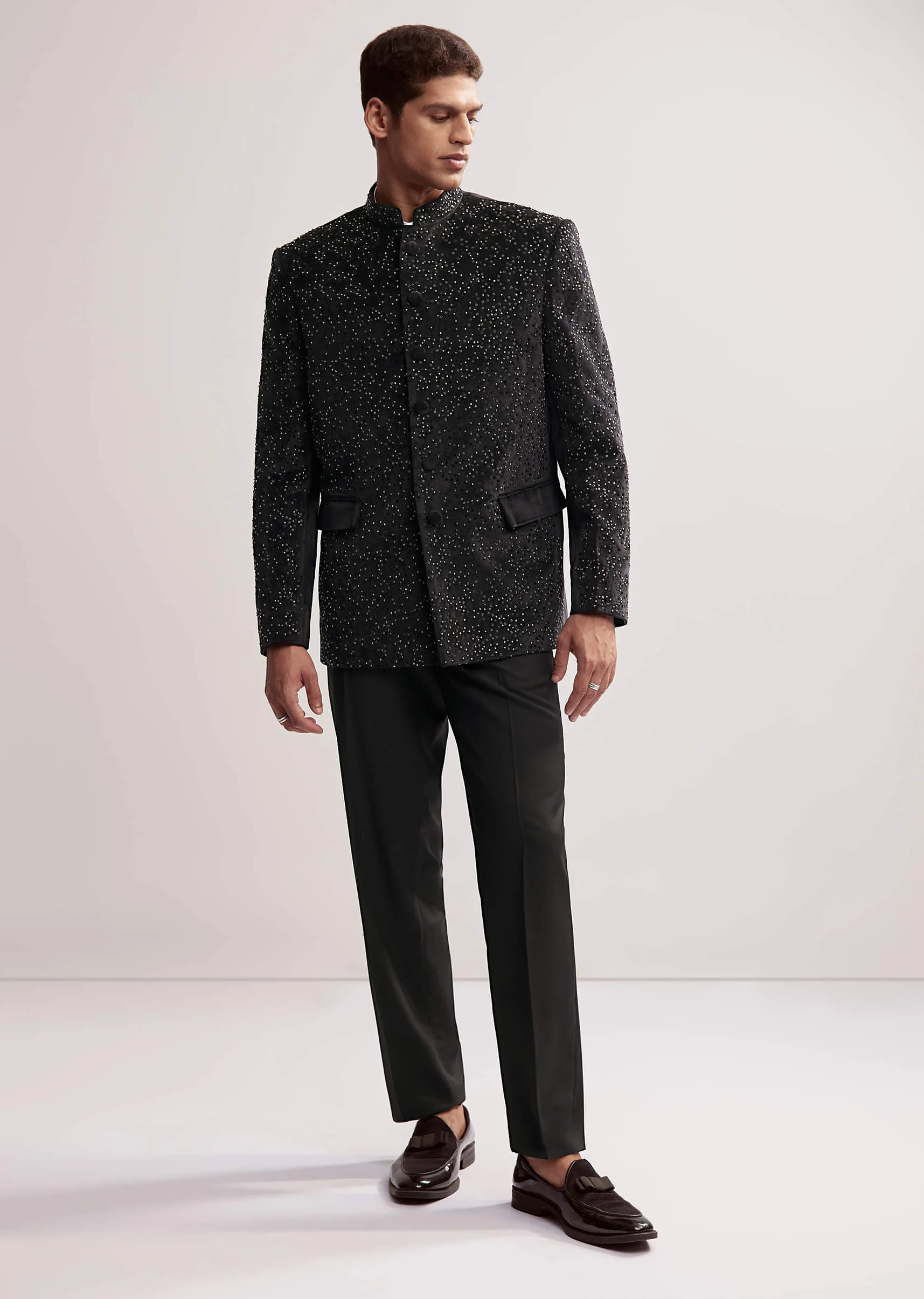 Black Velvet Jodhpuri Set For Men With Cutdana Work - Image 3