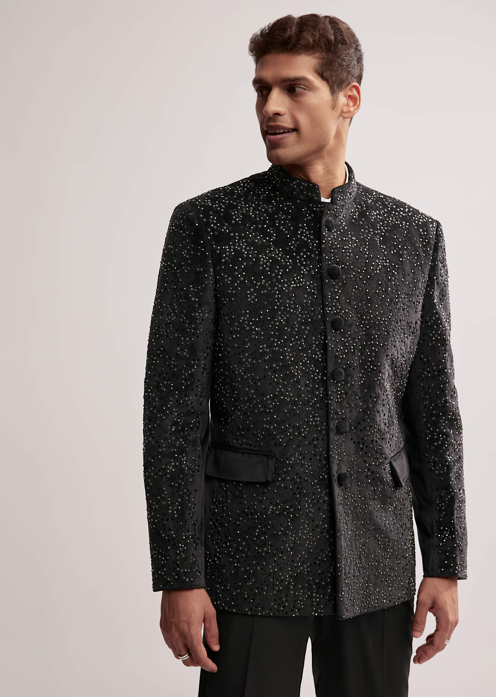 Black Velvet Jodhpuri Set For Men With Cutdana Work - Image 4