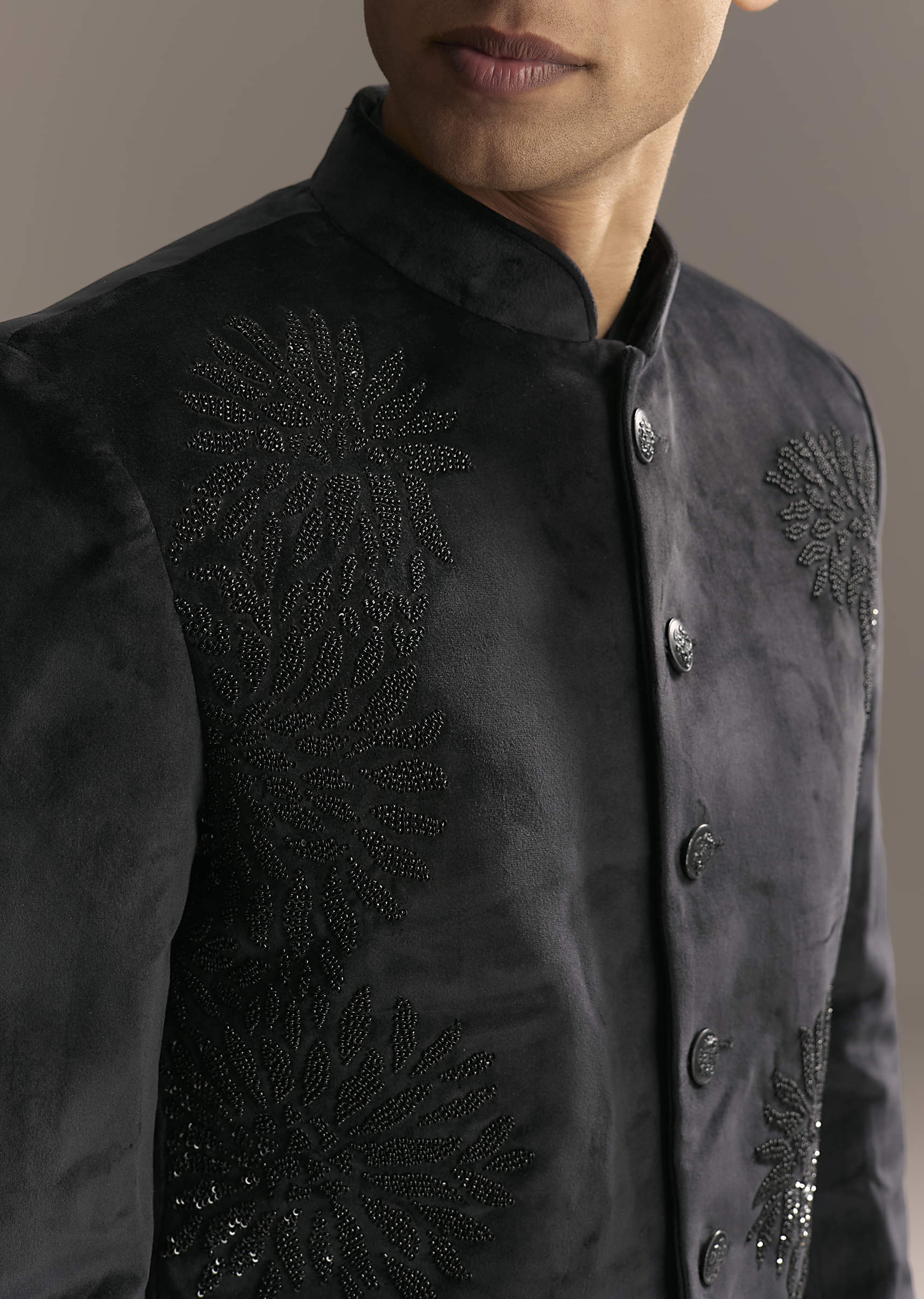 Black Velvet Jodhpuri Suit For Men With Beads And Sequins Work - Image 2