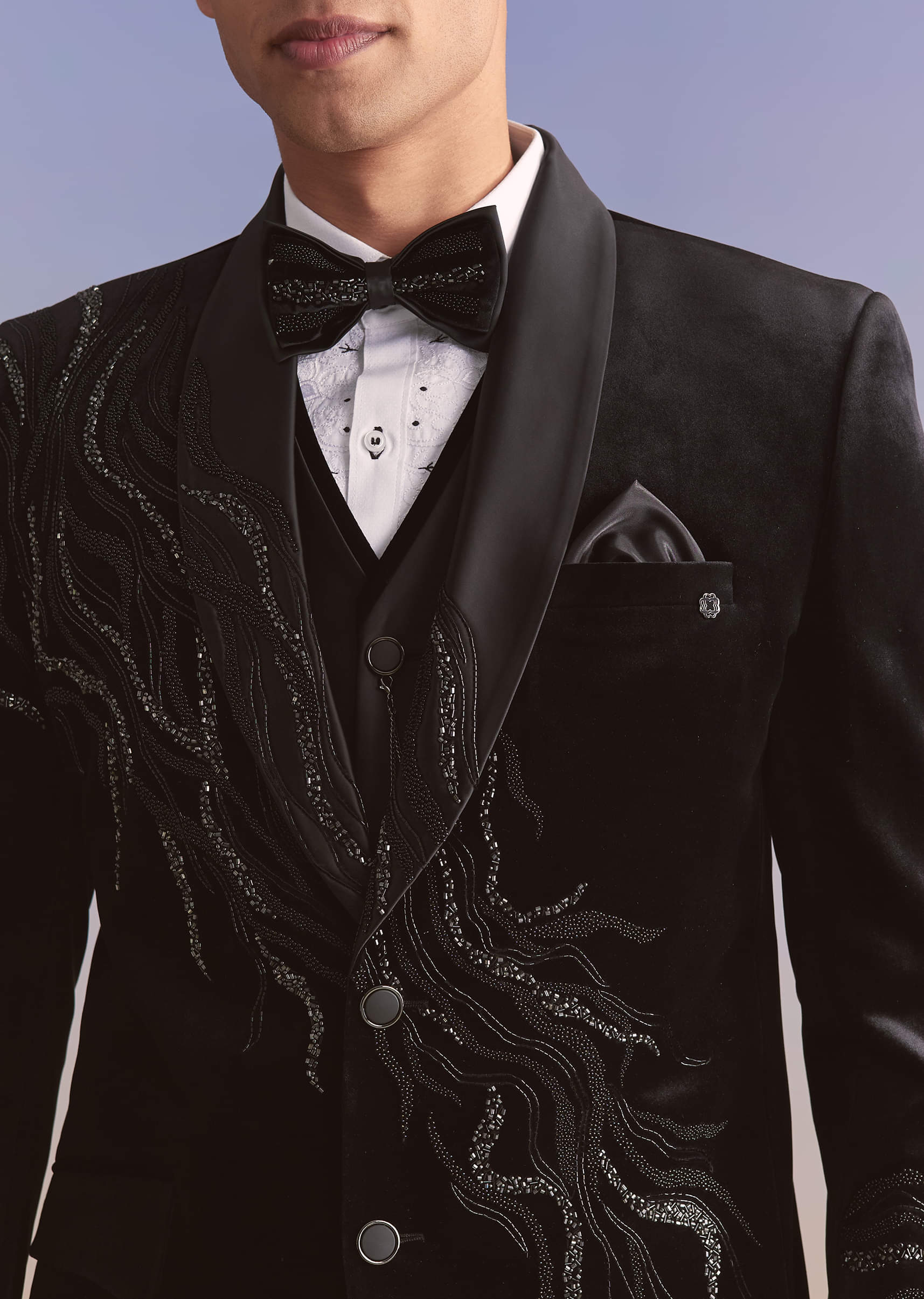 Black Velvet Tuxedo For Men With Cut Work And Beads Embroidery - Image 2