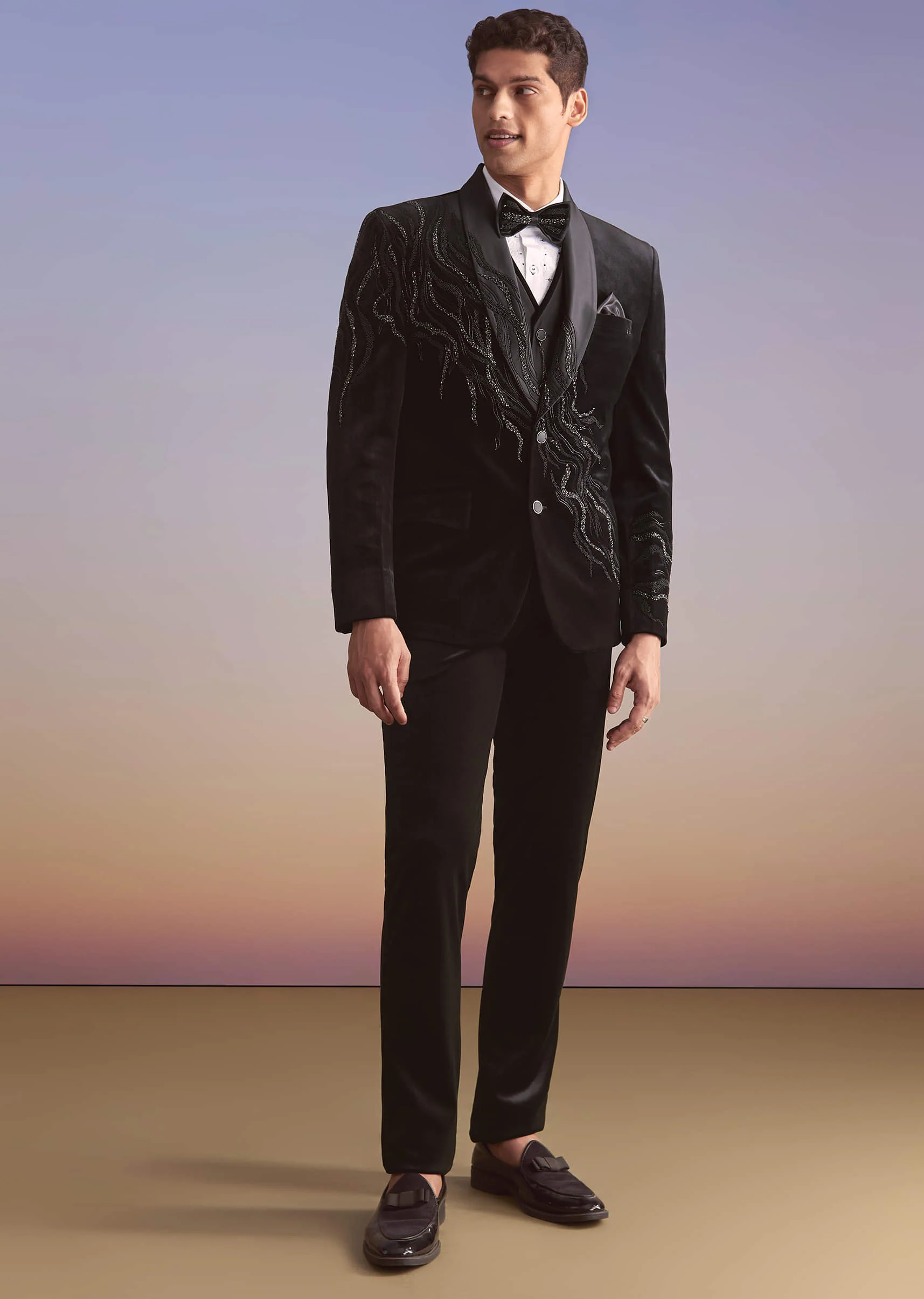 Black Velvet Tuxedo For Men With Cut Work And Beads Embroidery - Image 3