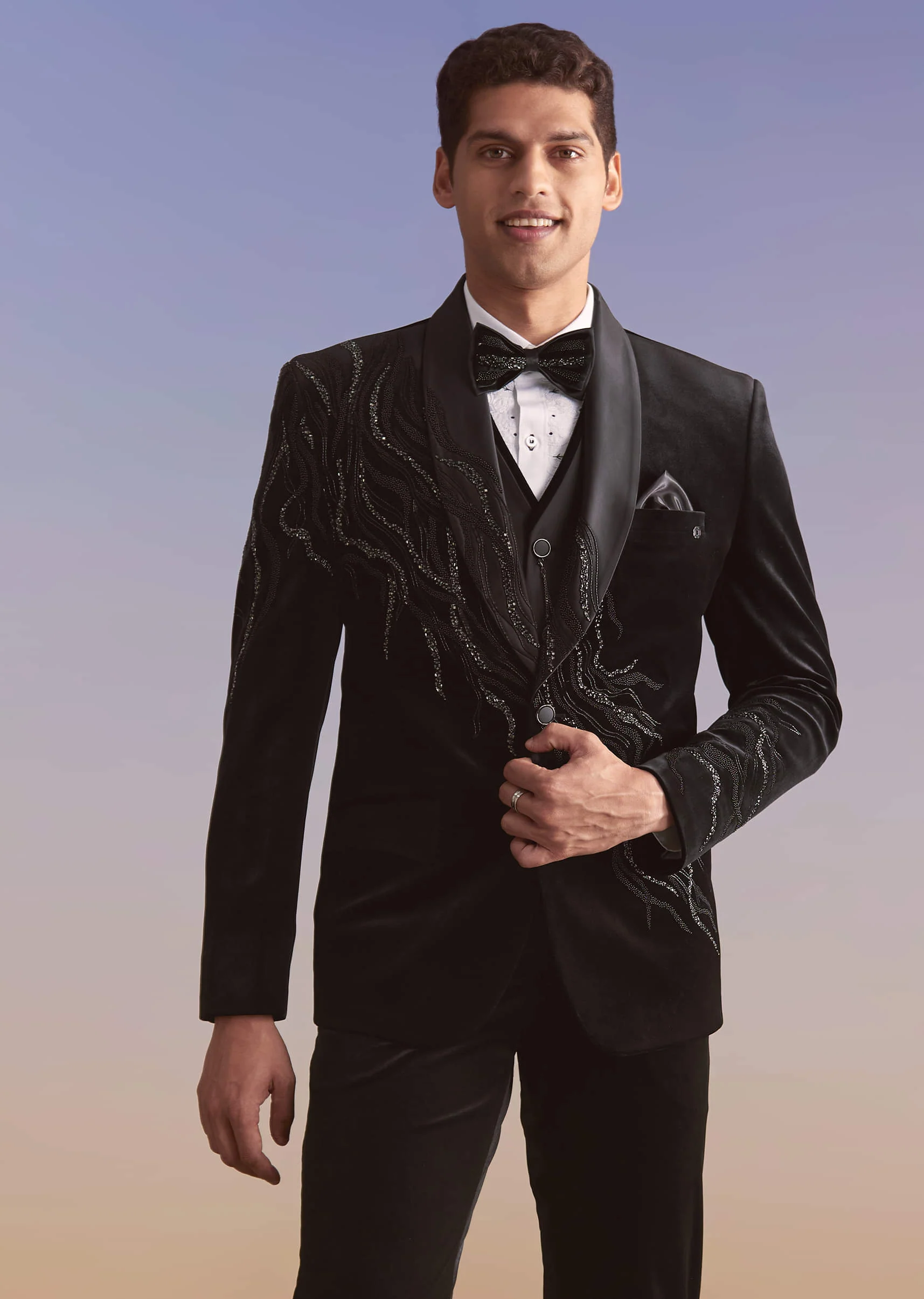 Black Velvet Tuxedo For Men With Cut Work And Beads Embroidery - Image 4
