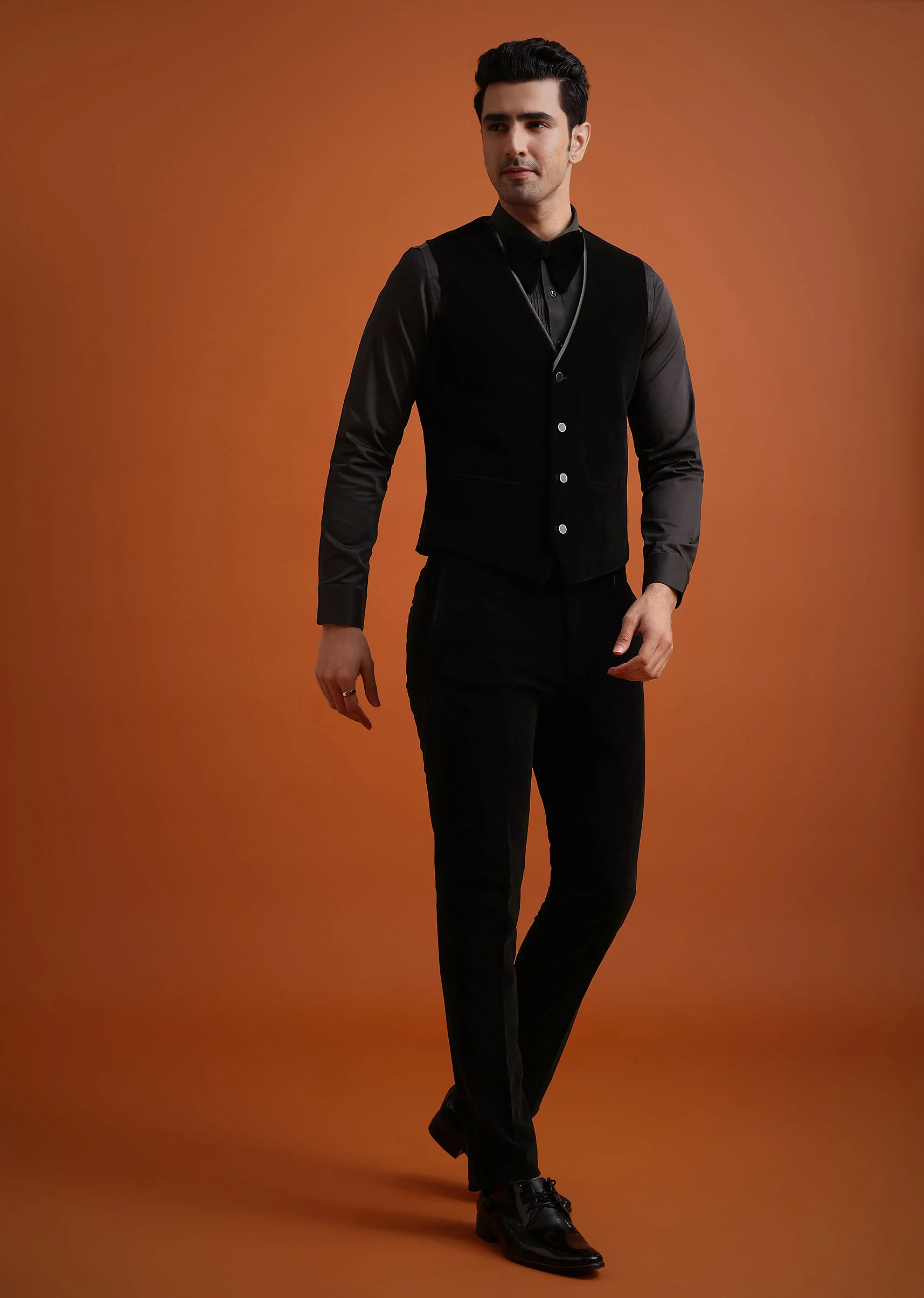 Black Velvet Tuxedo Set With Waistcoat And Bow - Image 6