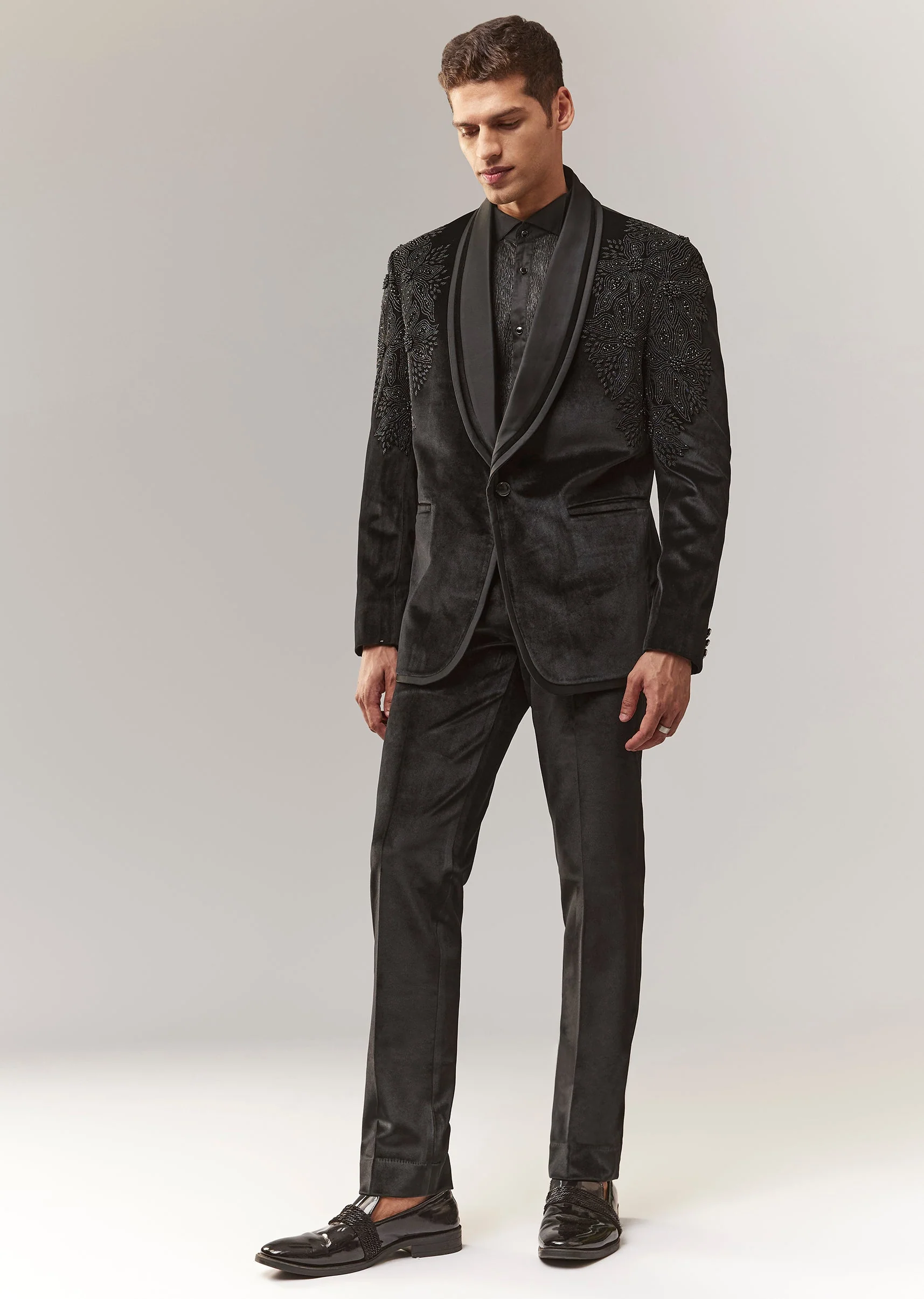Black Velvet Tuxedo With Beads And Resham Work - Image 2