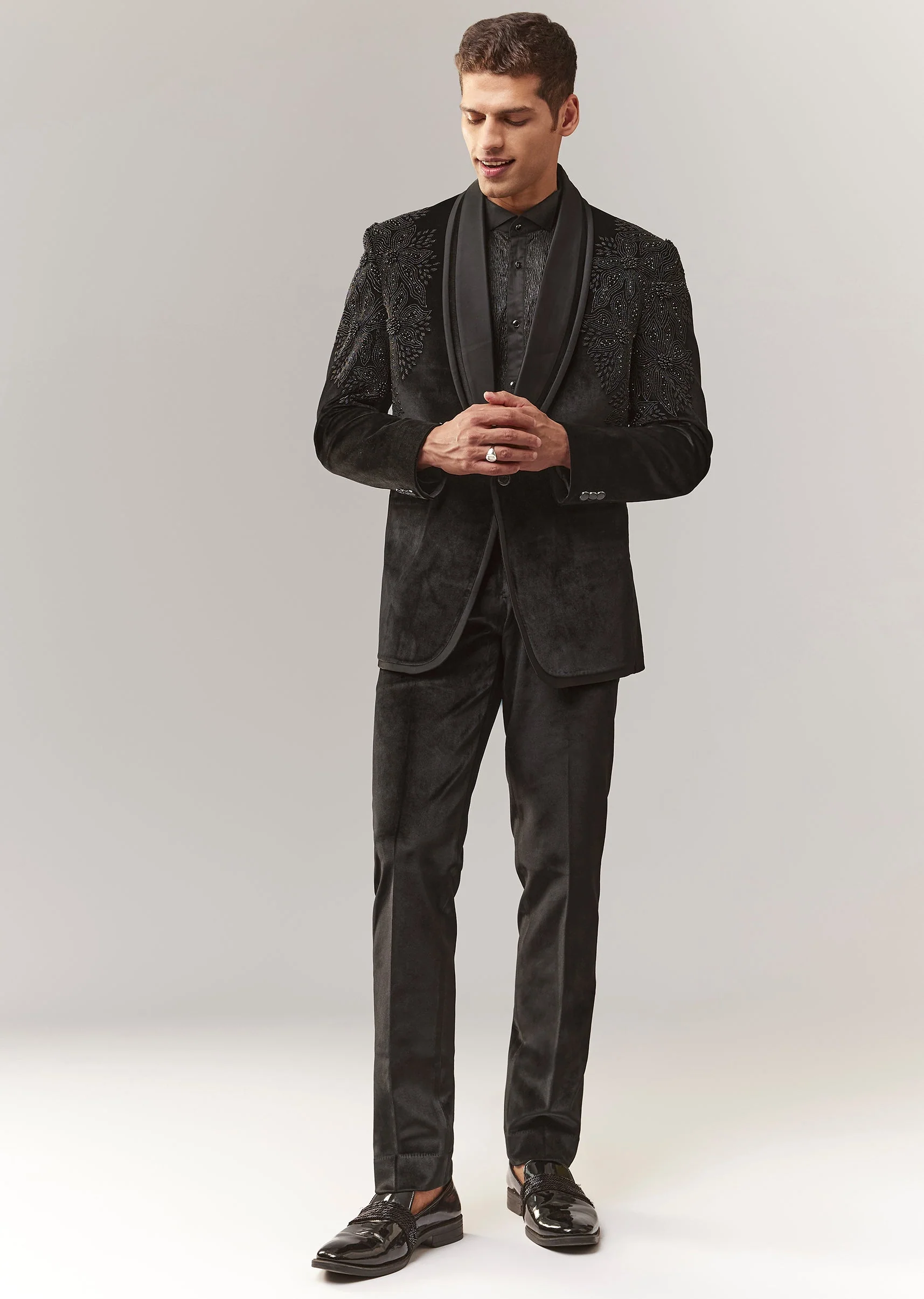 Black Velvet Tuxedo With Beads And Resham Work - Image 4