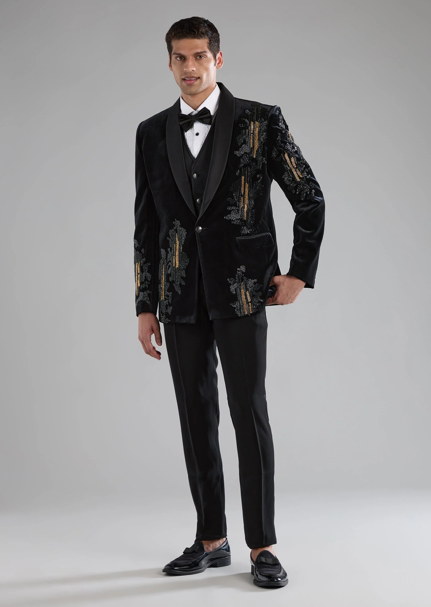 Black Velvet Tuxedo with Zardozi Embellished Detail