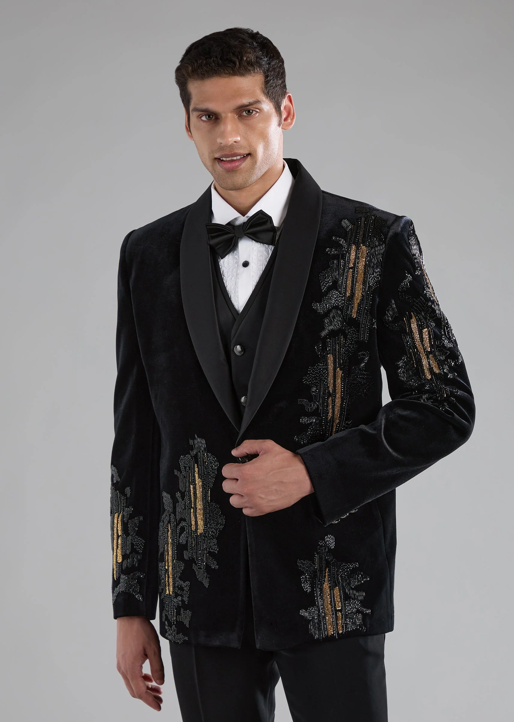 Black Velvet Tuxedo with Zardozi Embellished Detail - Image 4
