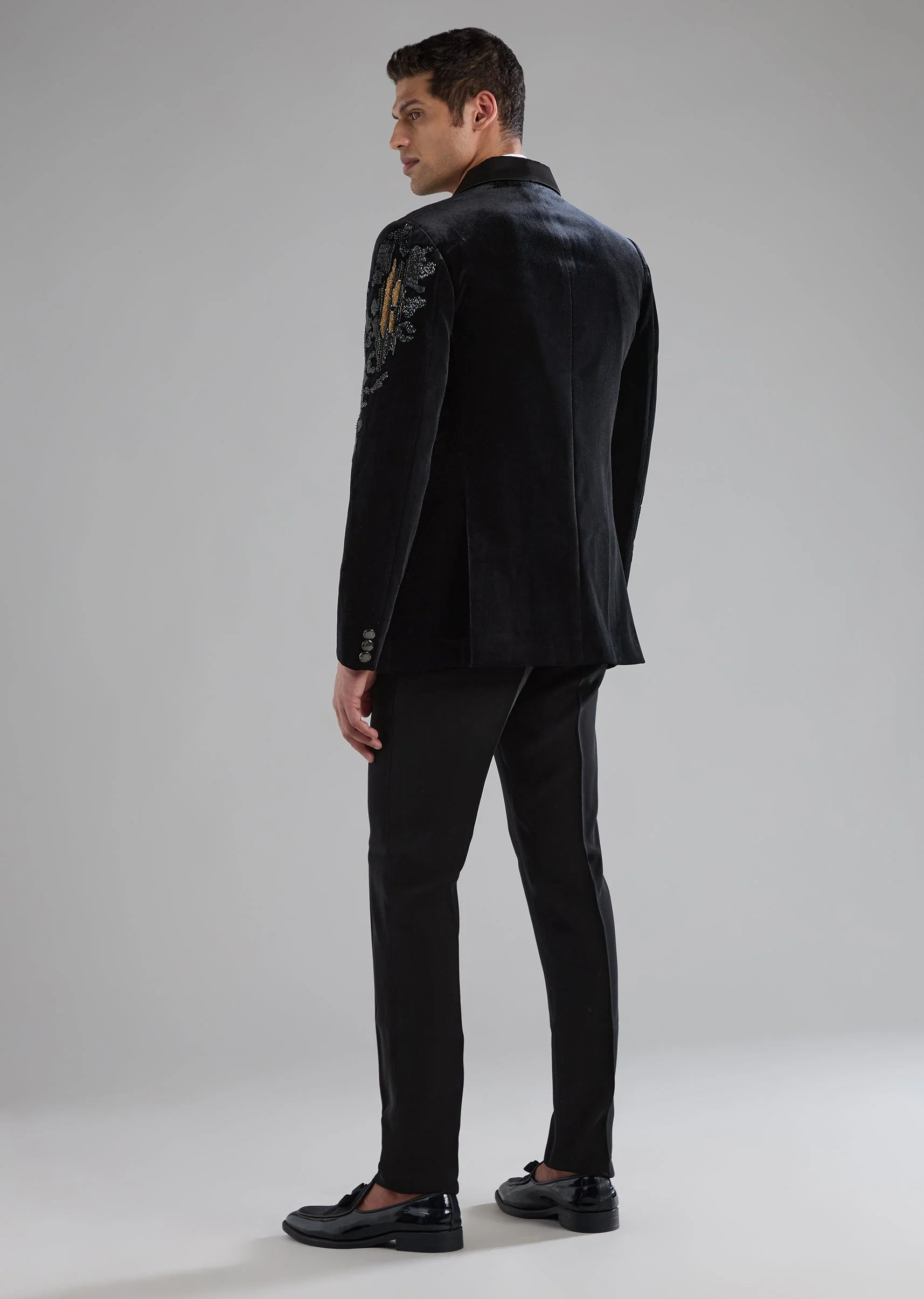Black Velvet Tuxedo with Zardozi Embellished Detail - Image 5
