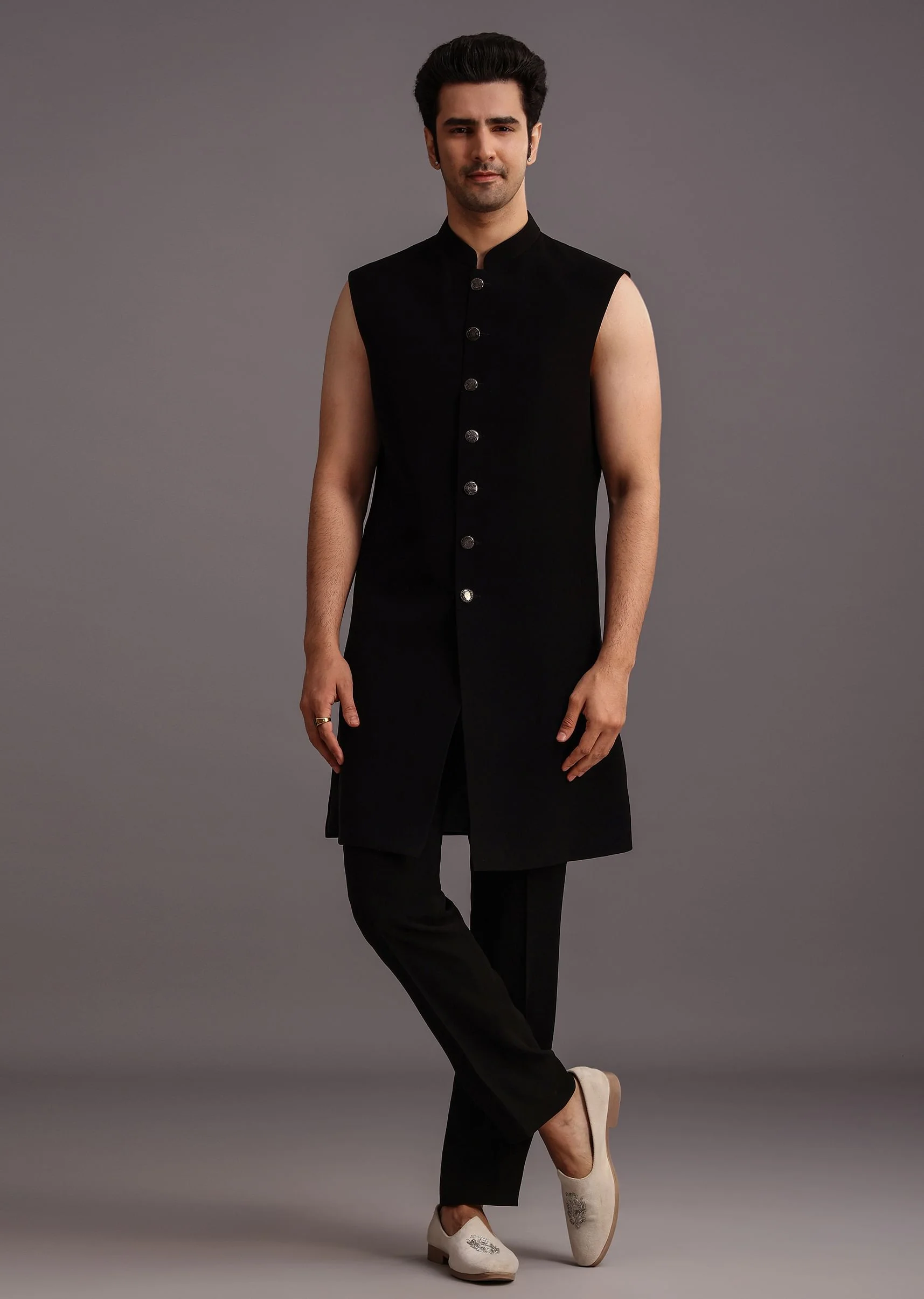 Black Velvet Zari Embroidered Indowestern Trouser Suit - Image 6