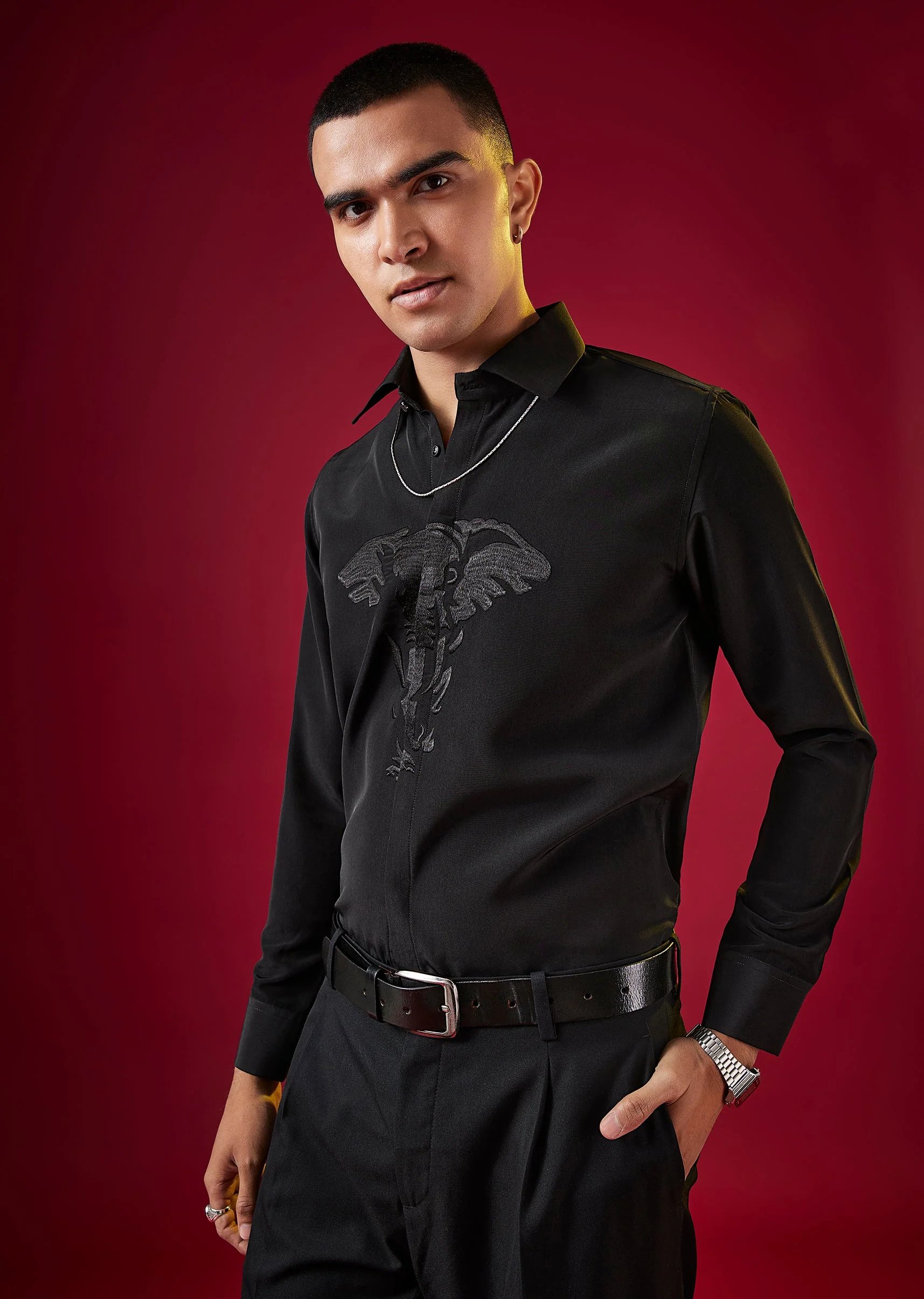 Black Viscose Thread Embroidered Mens Shirt - Image 3