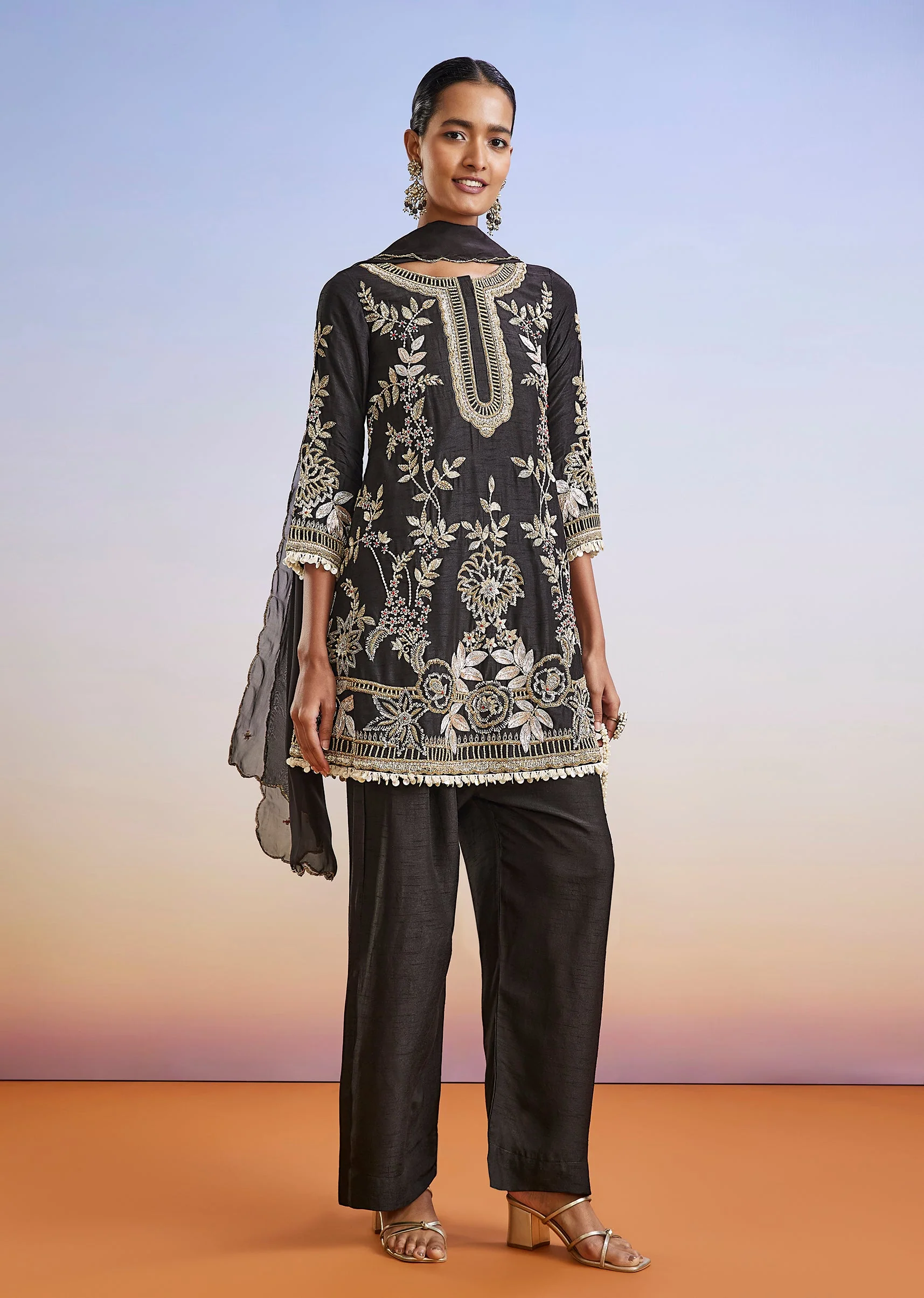 Black Zardosi Embroidered Silk Palazzo Suit With Dupatta - Image 3