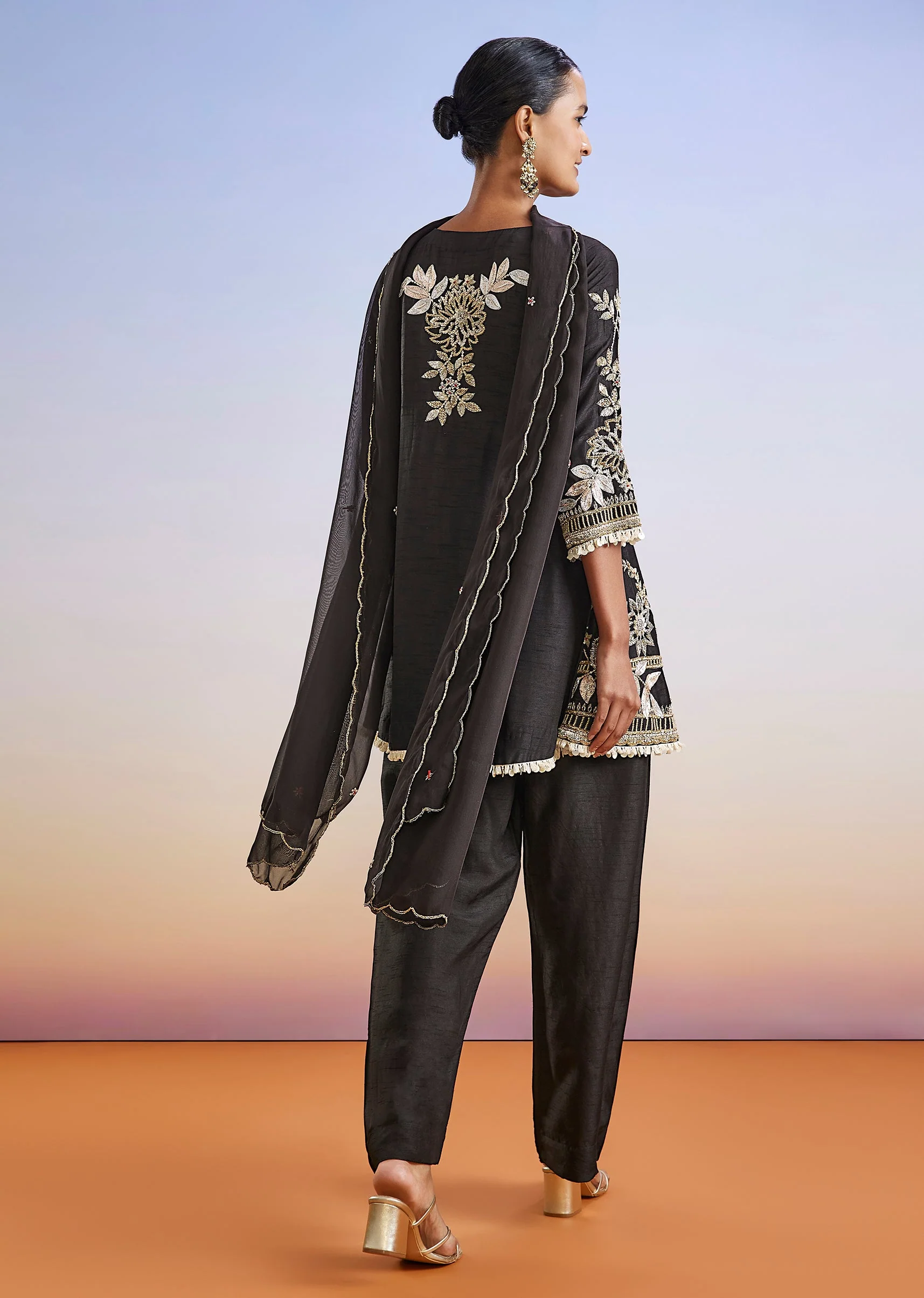 Black Zardosi Embroidered Silk Palazzo Suit With Dupatta - Image 5