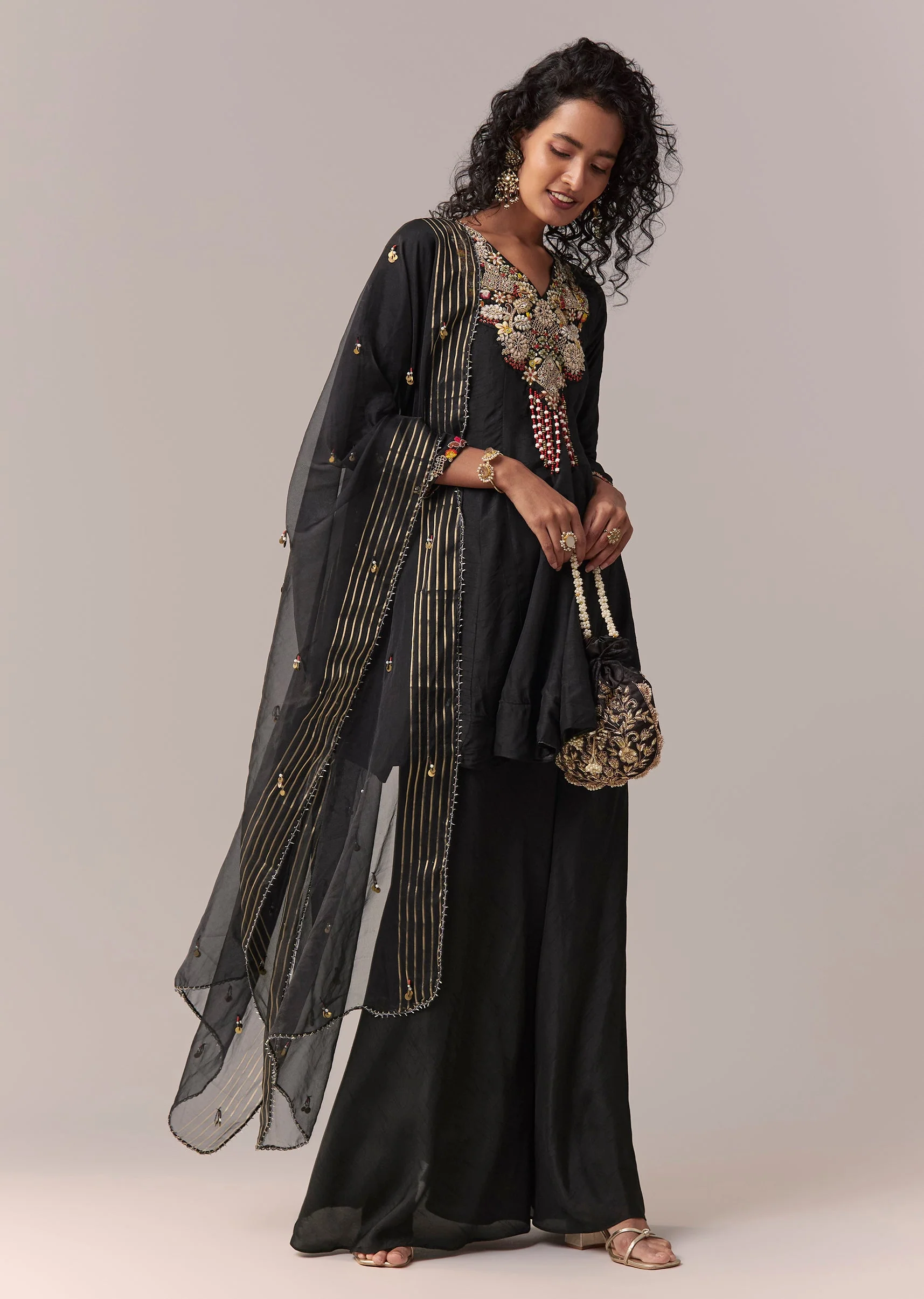 Black Zardosi & Thread Palazzo Set With Dupatta - Image 3