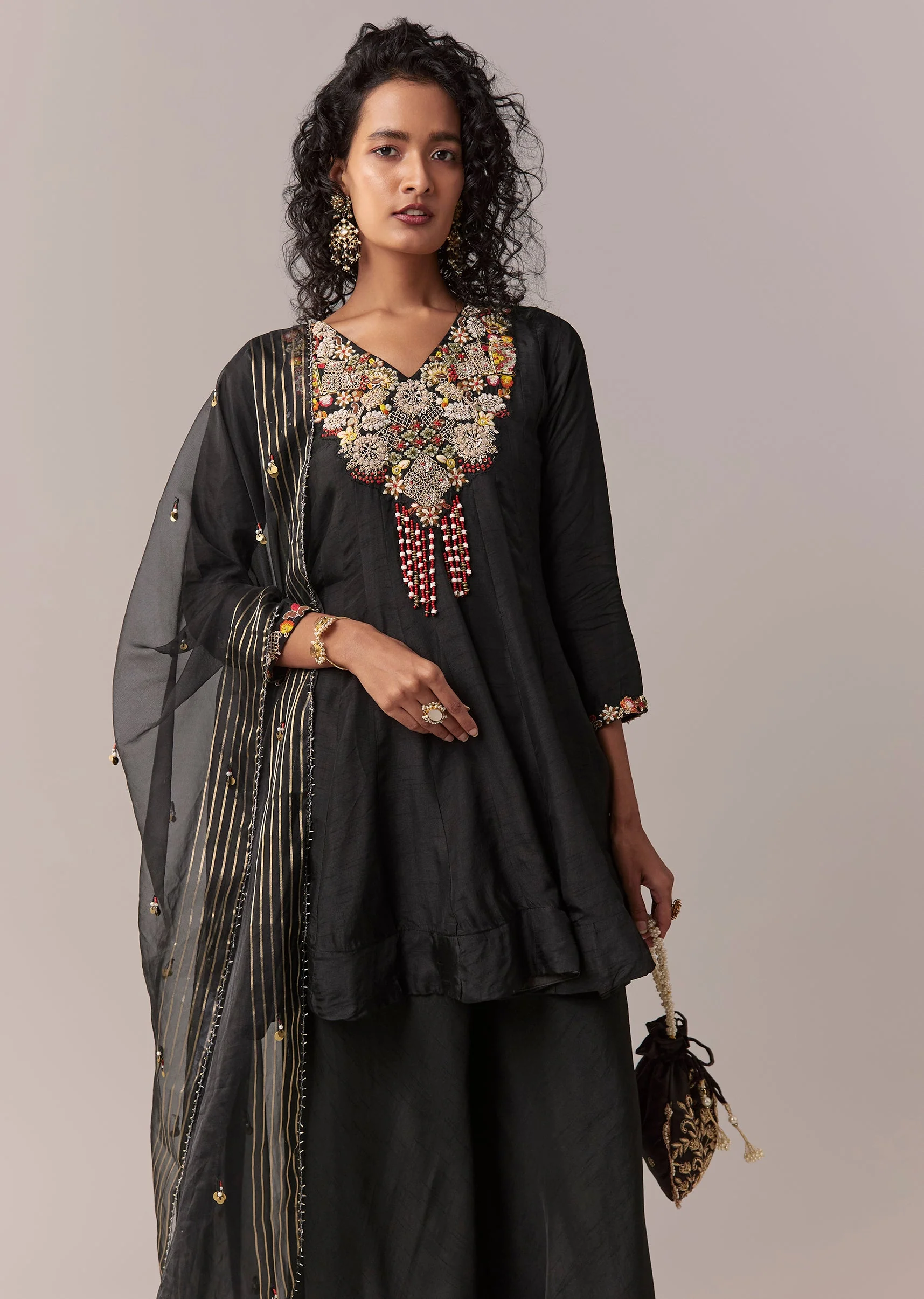 Black Zardosi & Thread Palazzo Set With Dupatta - Image 4